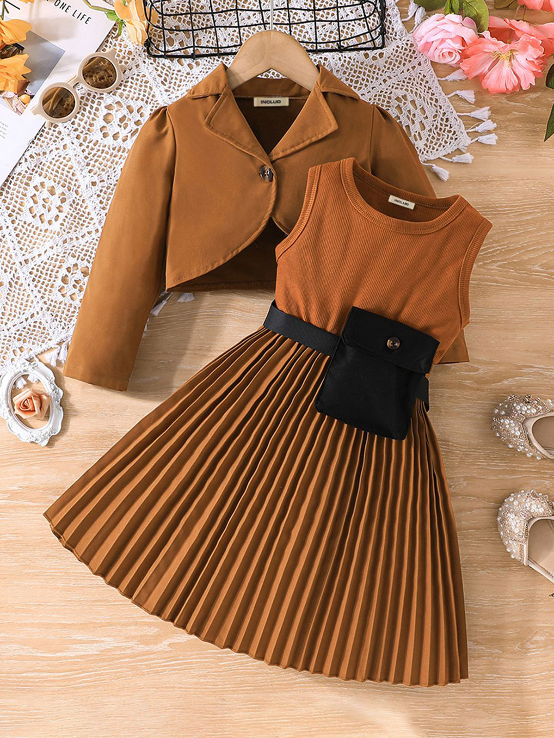 

INCLUD Girls Gathered or Pleated Blazer Dress With Pouch, Brown