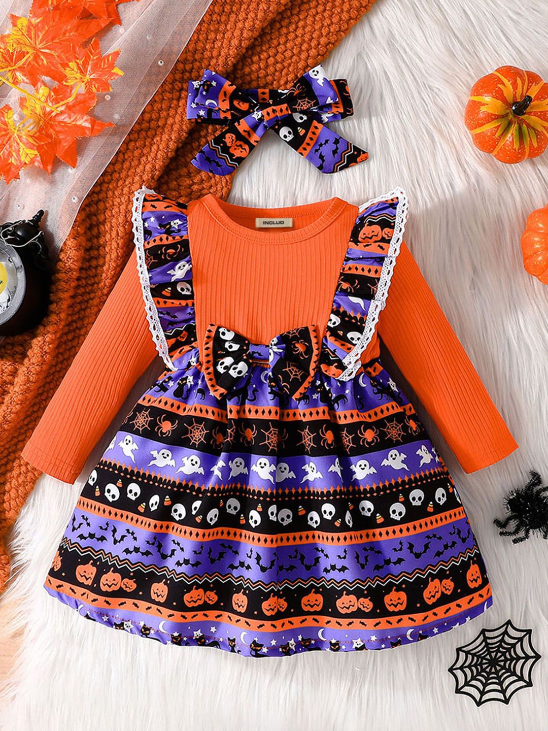 

INCLUD Girls Conversational Printed Round Neck Fit & Flare Casual Dress, Orange