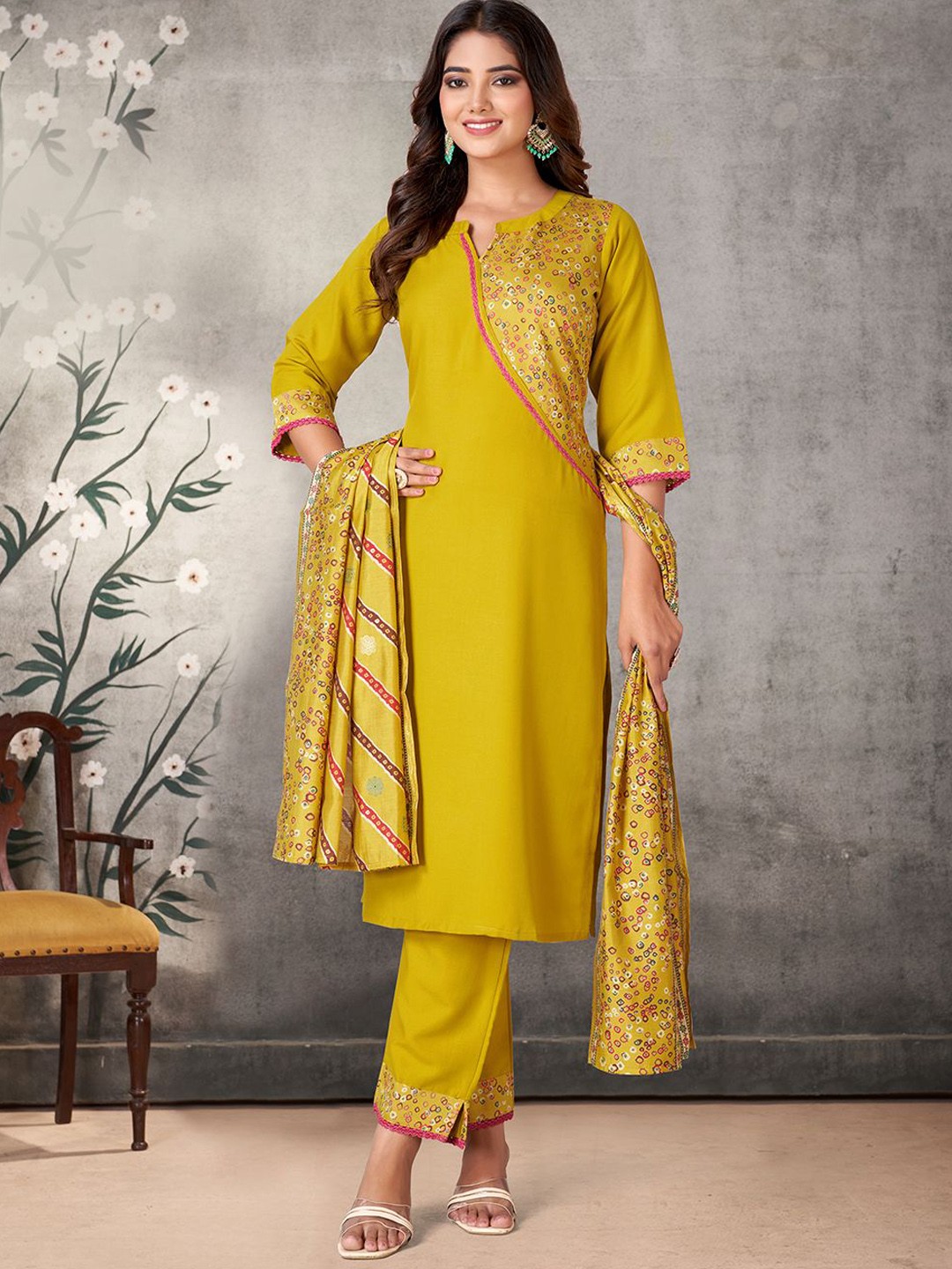 

KALINI Geometric Printed Kurta with Palazzo & Dupatta, Yellow