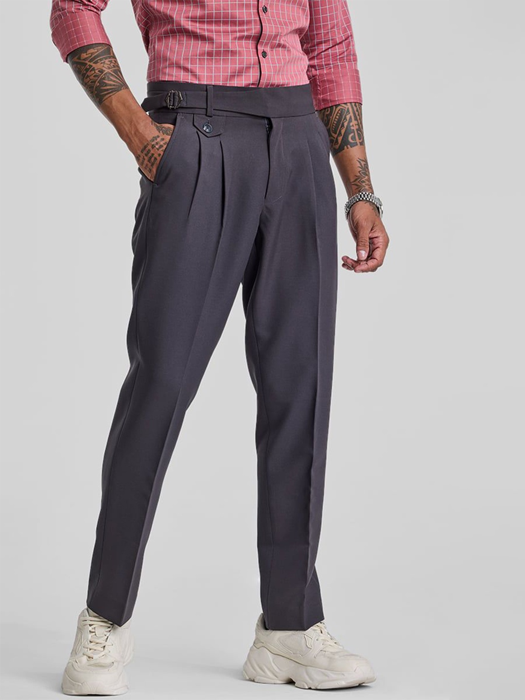 

Snitch Men Smart Slim Fit Pleated Formal Trousers, Grey