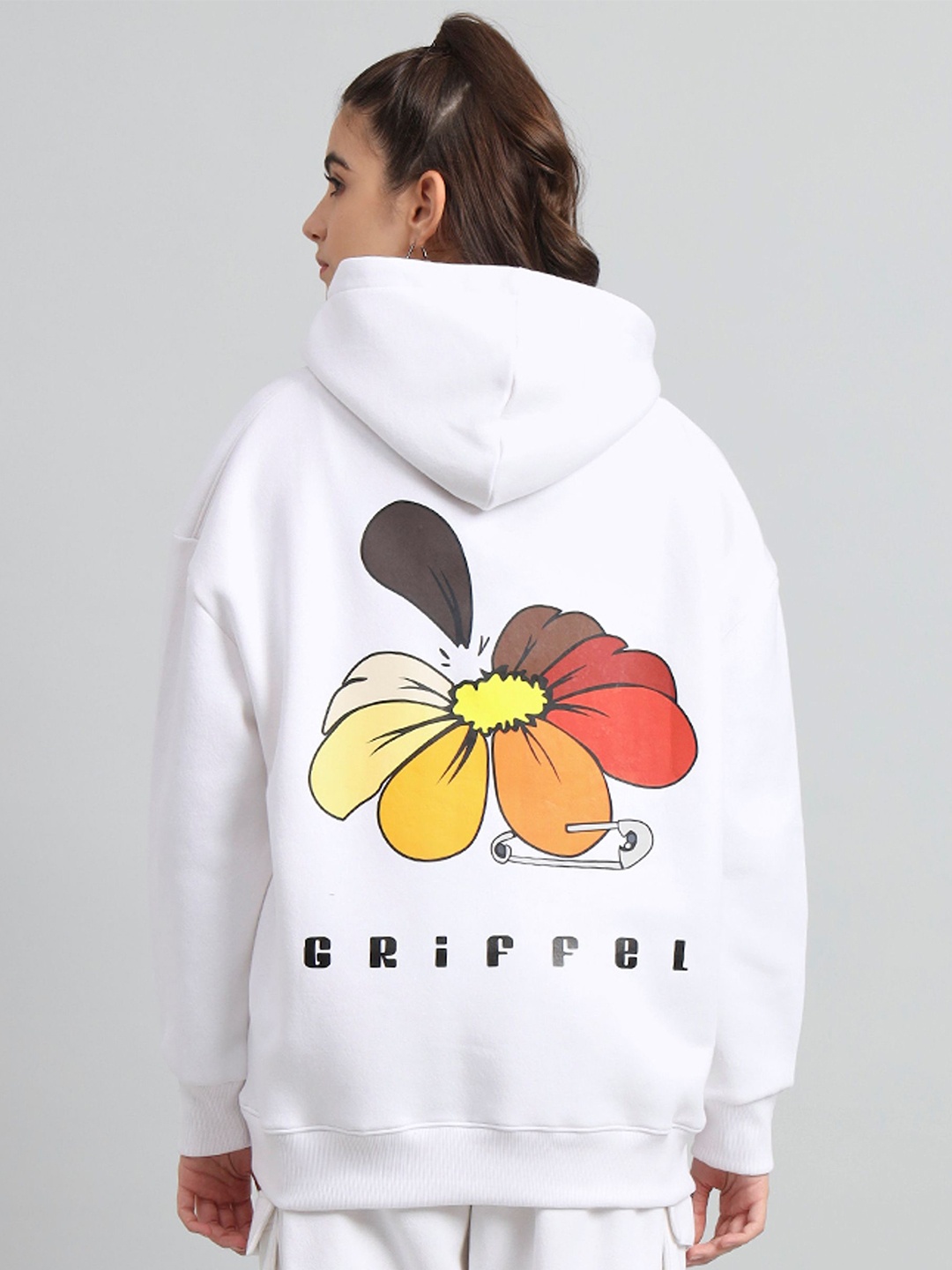 

GRIFFEL Women Floral Printed Hooded Casual Sweatshirt, White