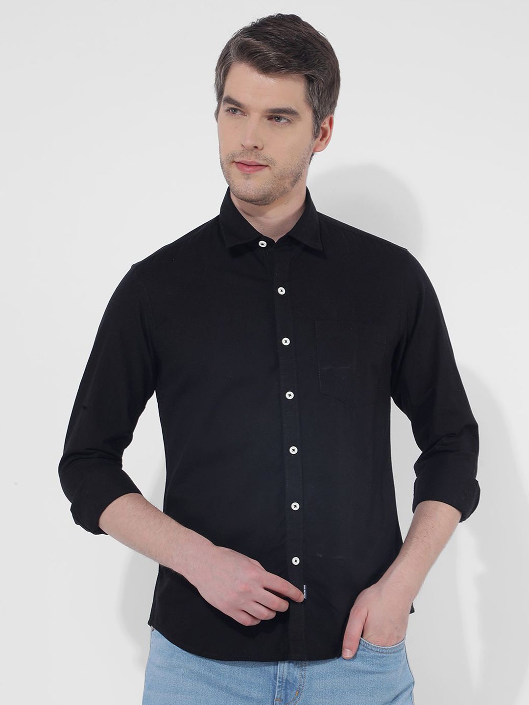 

Numero Uno Men Spread Collar Solid Cotton Casual Shirt, Black
