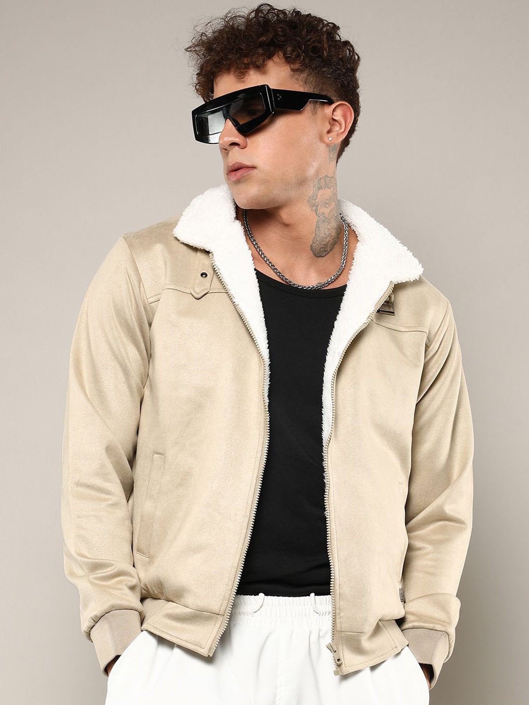 

Campus Sutra Men Lapel Collar Solid Casual Bomber Jacket, Beige