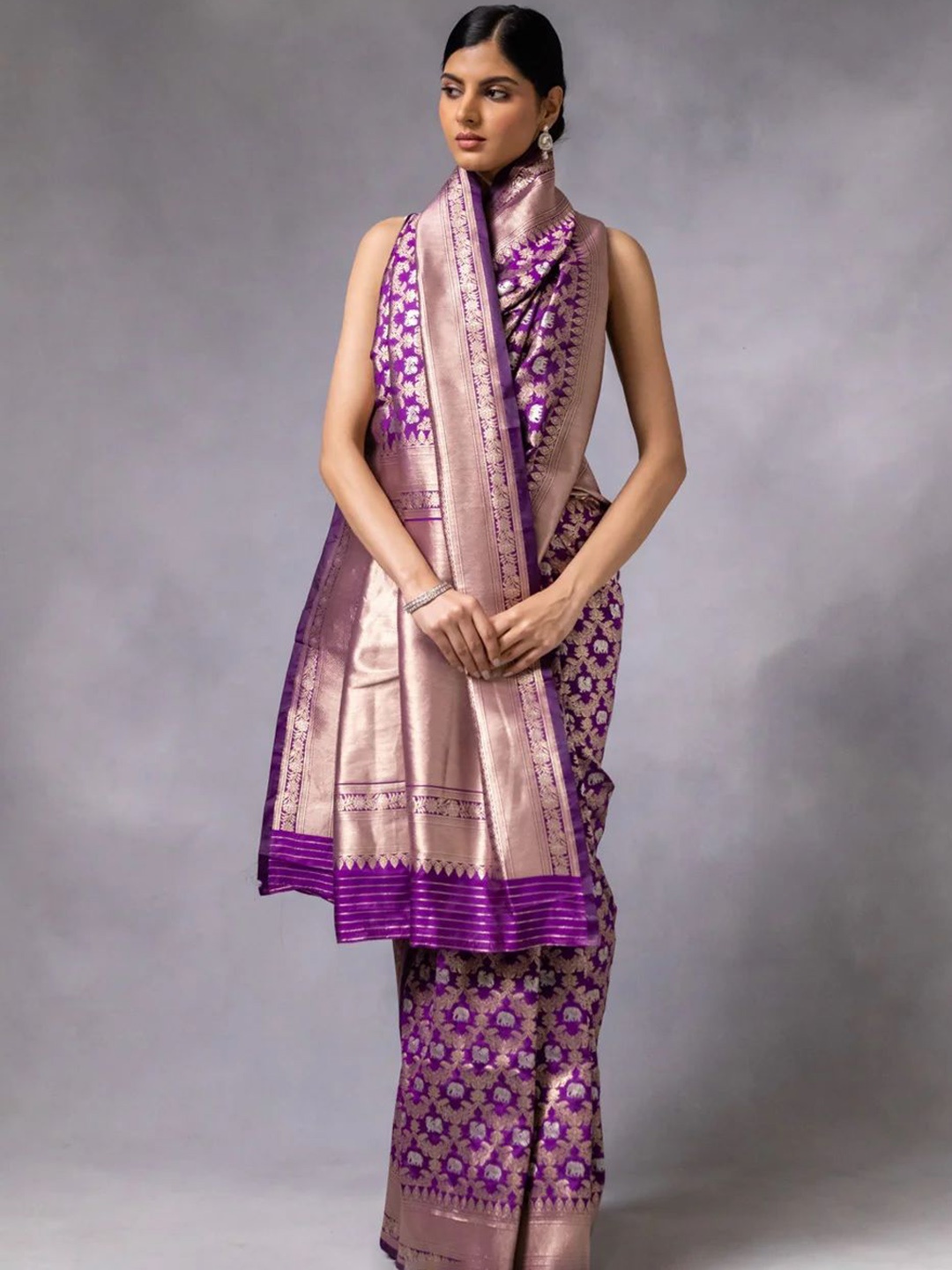 

S.K.C Ethnic Motifs Saree Woven Design Banarasi Saree With Blouse, Purple