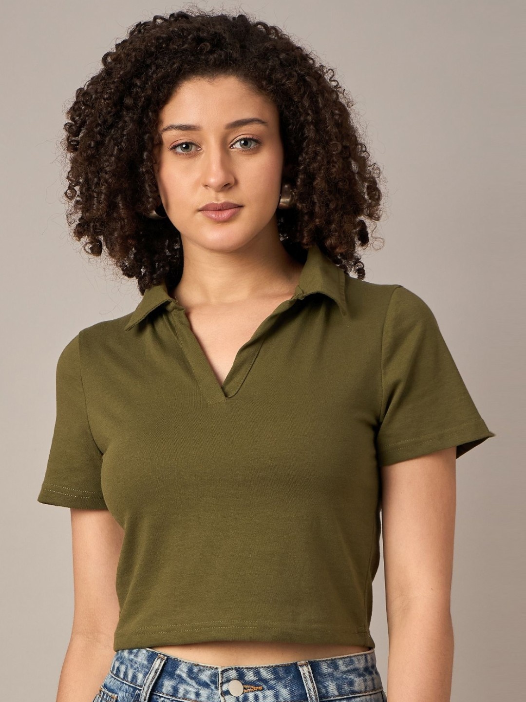 

Mayra Women Solid Polo Collar Cotton T-shirt, Olive