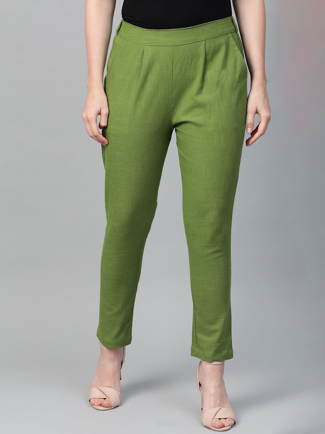 

YASH GALLERY Women Green Cotton Slip-On Trousers