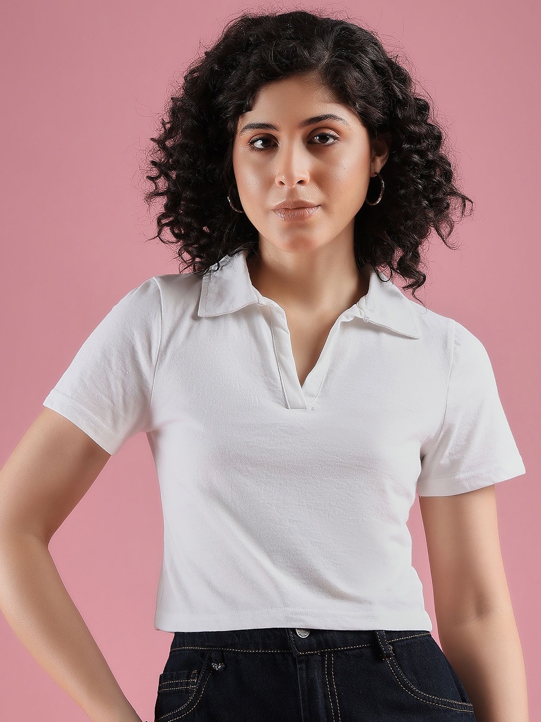 

Mayra Women Solid Polo Collar Cotton T-shirt, White