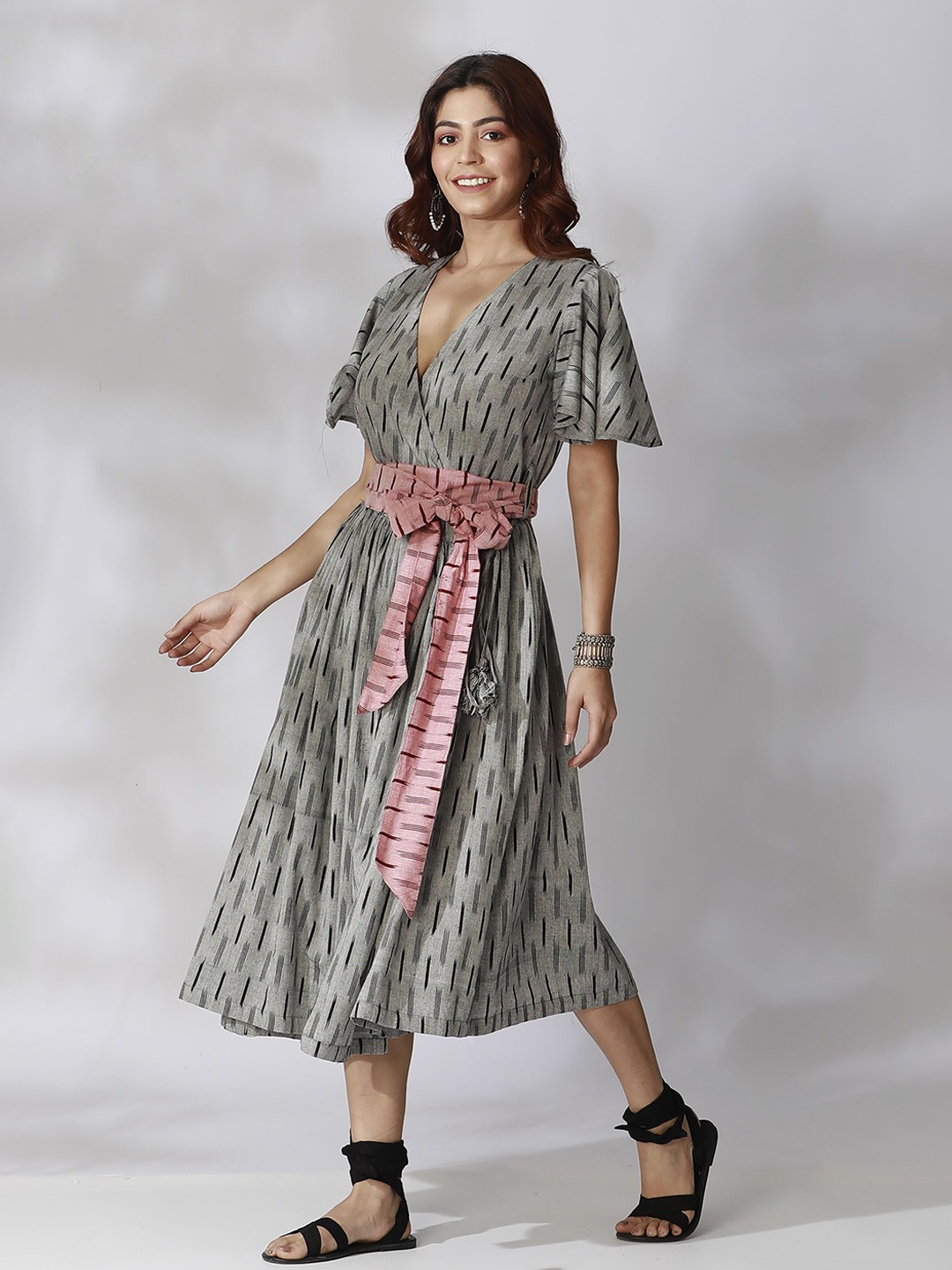

TJORI Cotton Printed Fit & Flare Midi Dress, Black