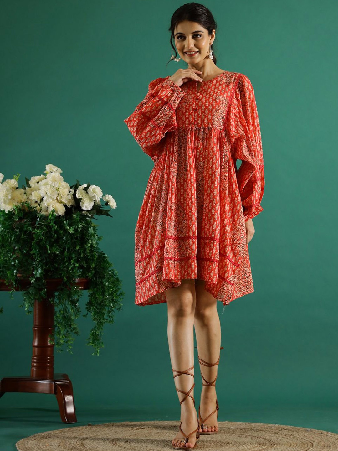 

Sangria Women Ethnic Motifs Printed Cotton Fit & Flare Dresses, Orange