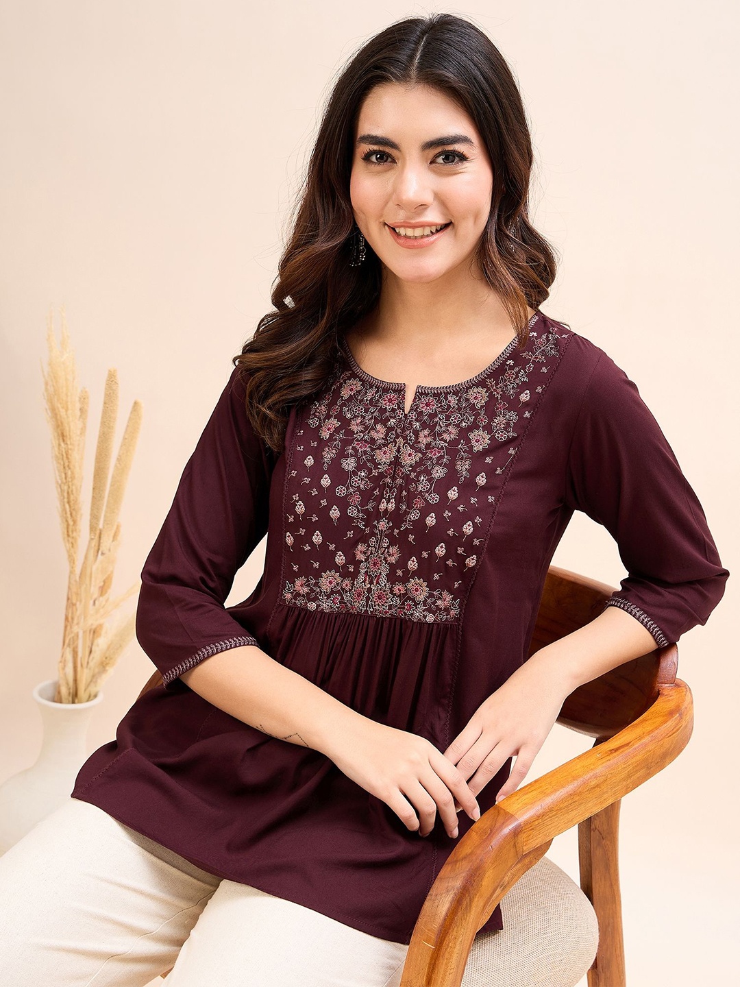 

Anouk Women Floral Embroidered Solid Top, Maroon