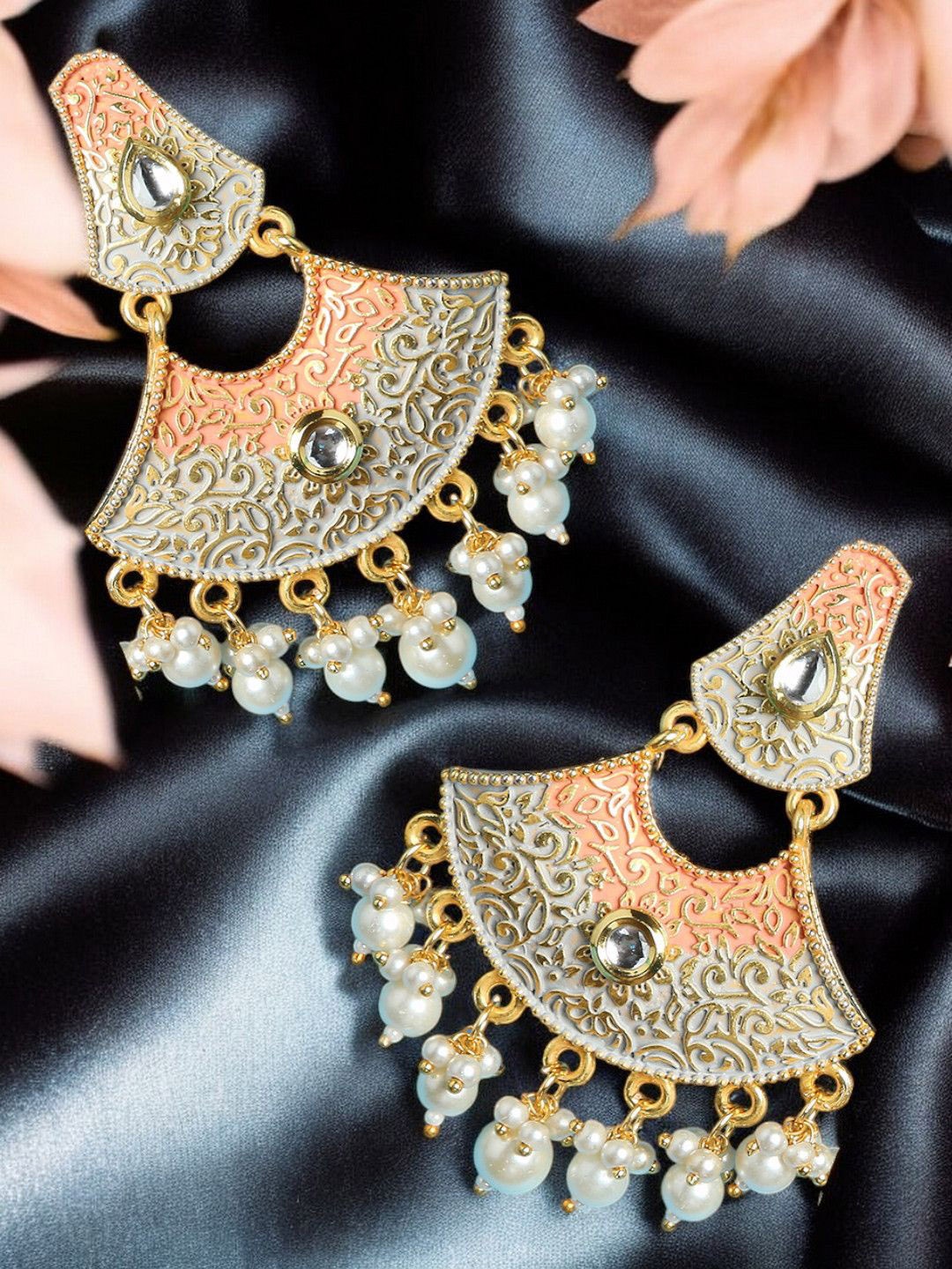 

OOMPH Geometric Meenakari Kundan & Pearl Chandbalis, Pink