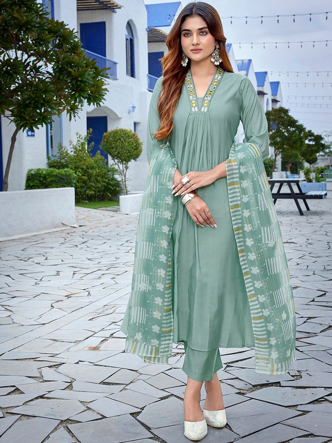 

Royal Export Geometric Yoke Design Mirror Work A-Line Kurta With Trouser & Dupatta, Green