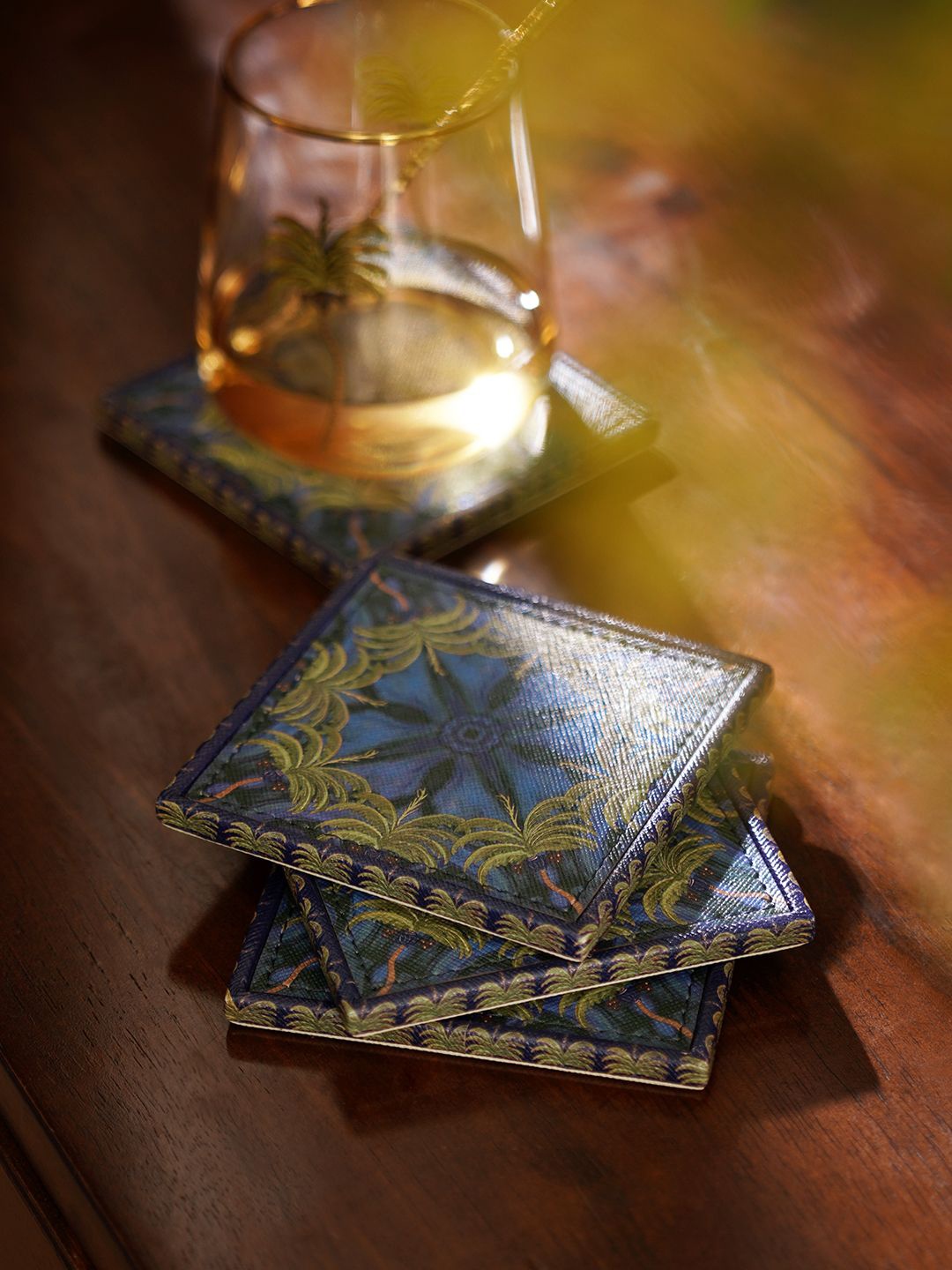 

Pure Home and Living Blue & Green 4 Pieces Palmas Printed Square Coasters