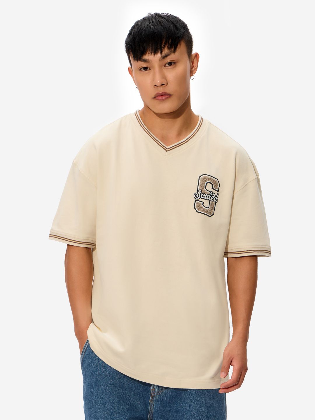 

The Souled Store Men Typography Printed V-Neck Cotton Oversized T-shirt, Beige