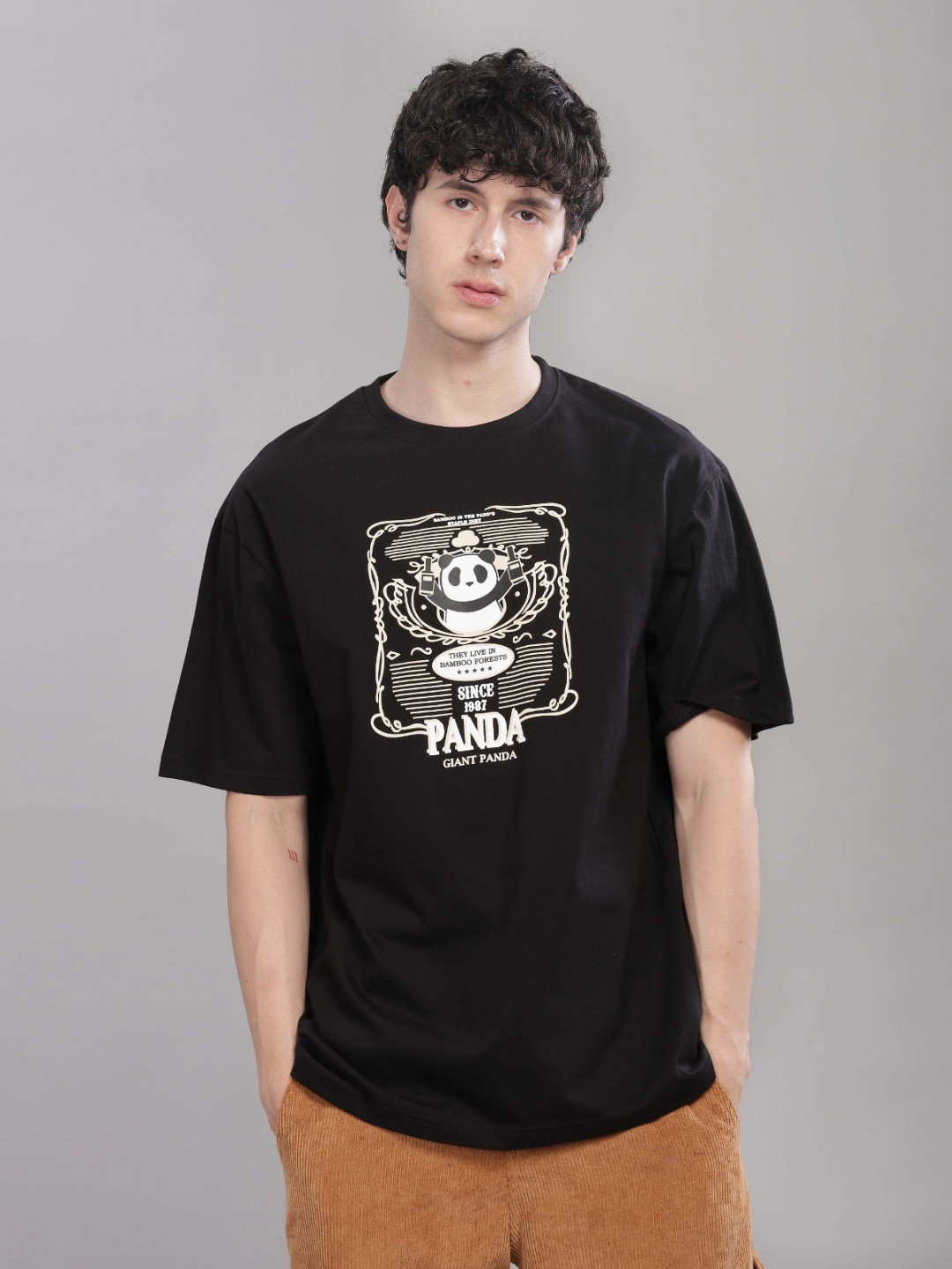 

TOMHIDDLE Men Graphic Printed Round Neck Cotton Oversized T-shirt, Black