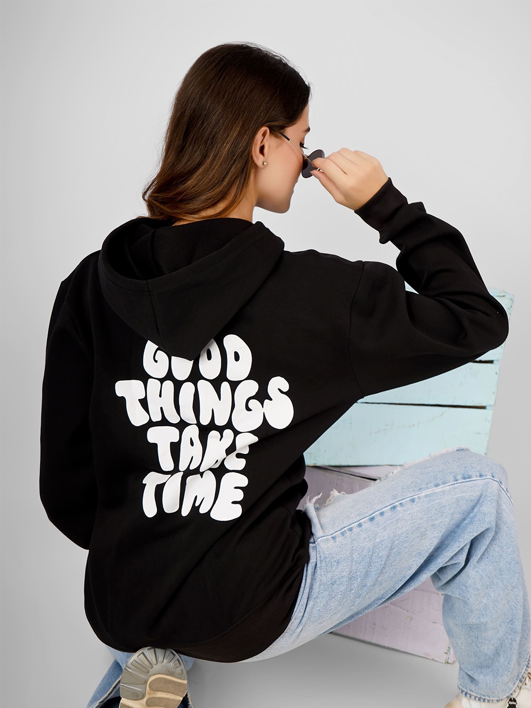 

MIMID Women Black Cotton Typography Printed Hooded Sweatshirt