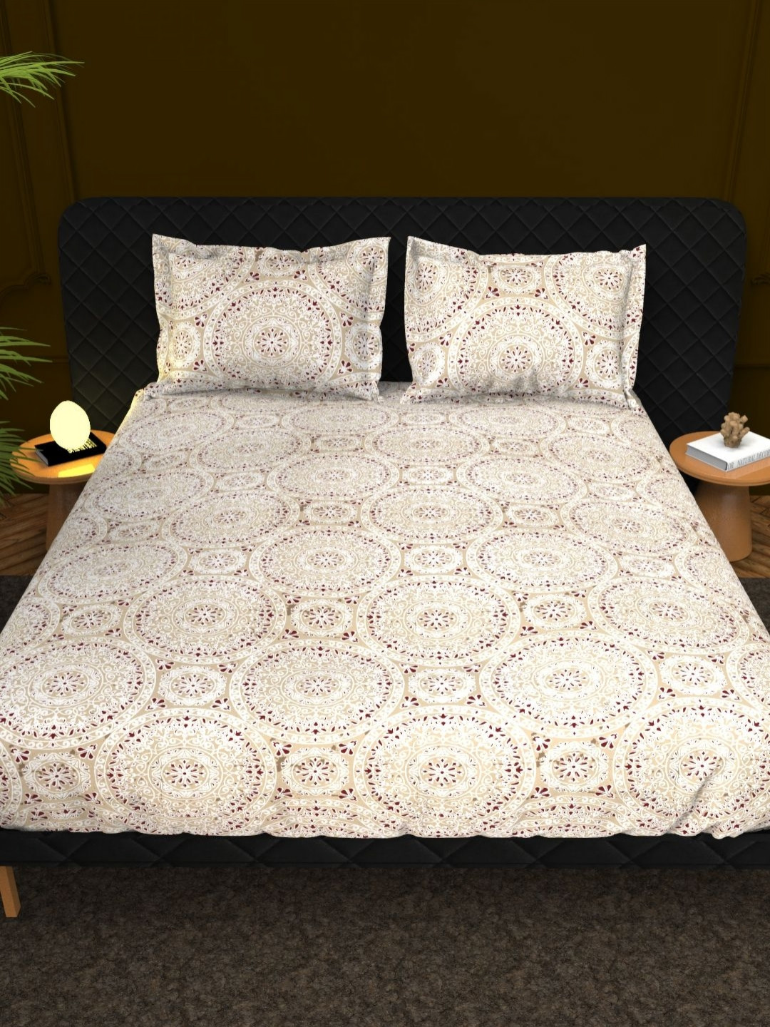 

THE WHITE MOSS Red & Beige Ethnic Motifs Cotton 210 TC King Bedsheet with 2 Pillow Covers