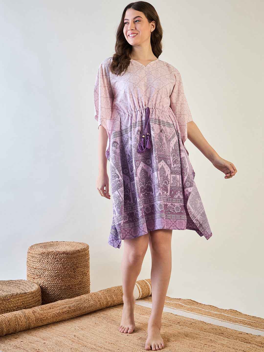 

The Kaftan Company Women Printed Kaftan Nightdress, Lavender