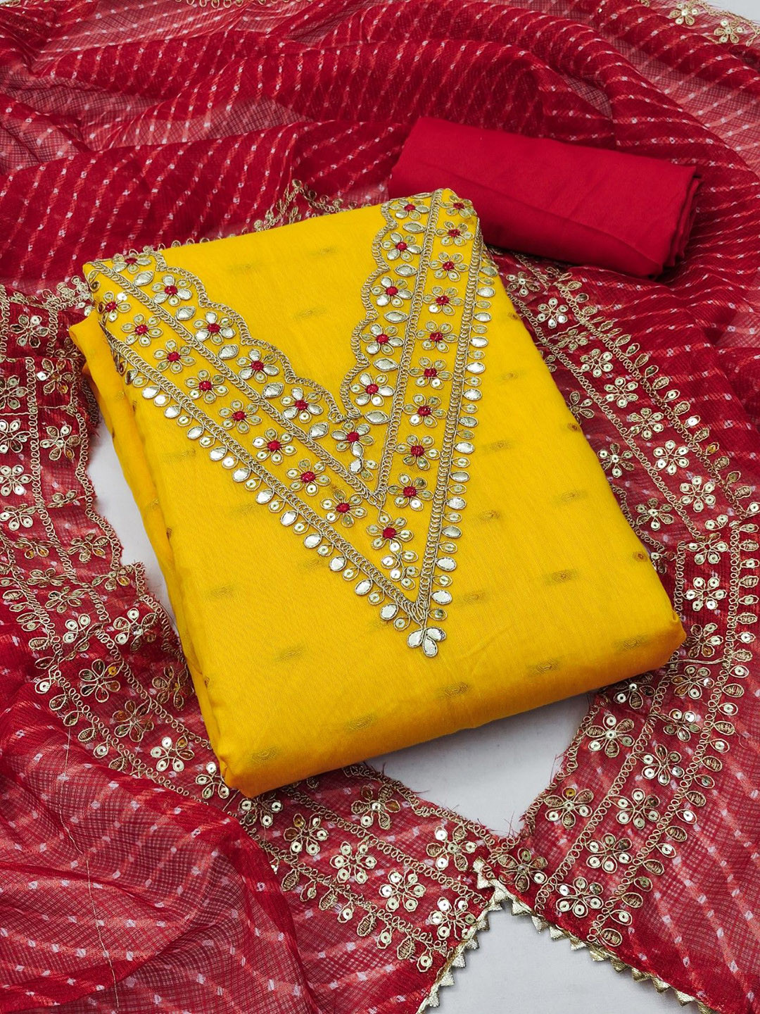 

Panzora Geometric Woven Design Sequinned Chanderi Silk Unstitched Dress Material, Yellow