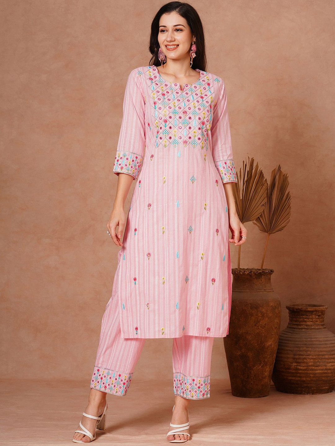 

FASHOR Floral Embroidered Mirror Work Pure Cotton Straight Kurta With Trouser, Pink