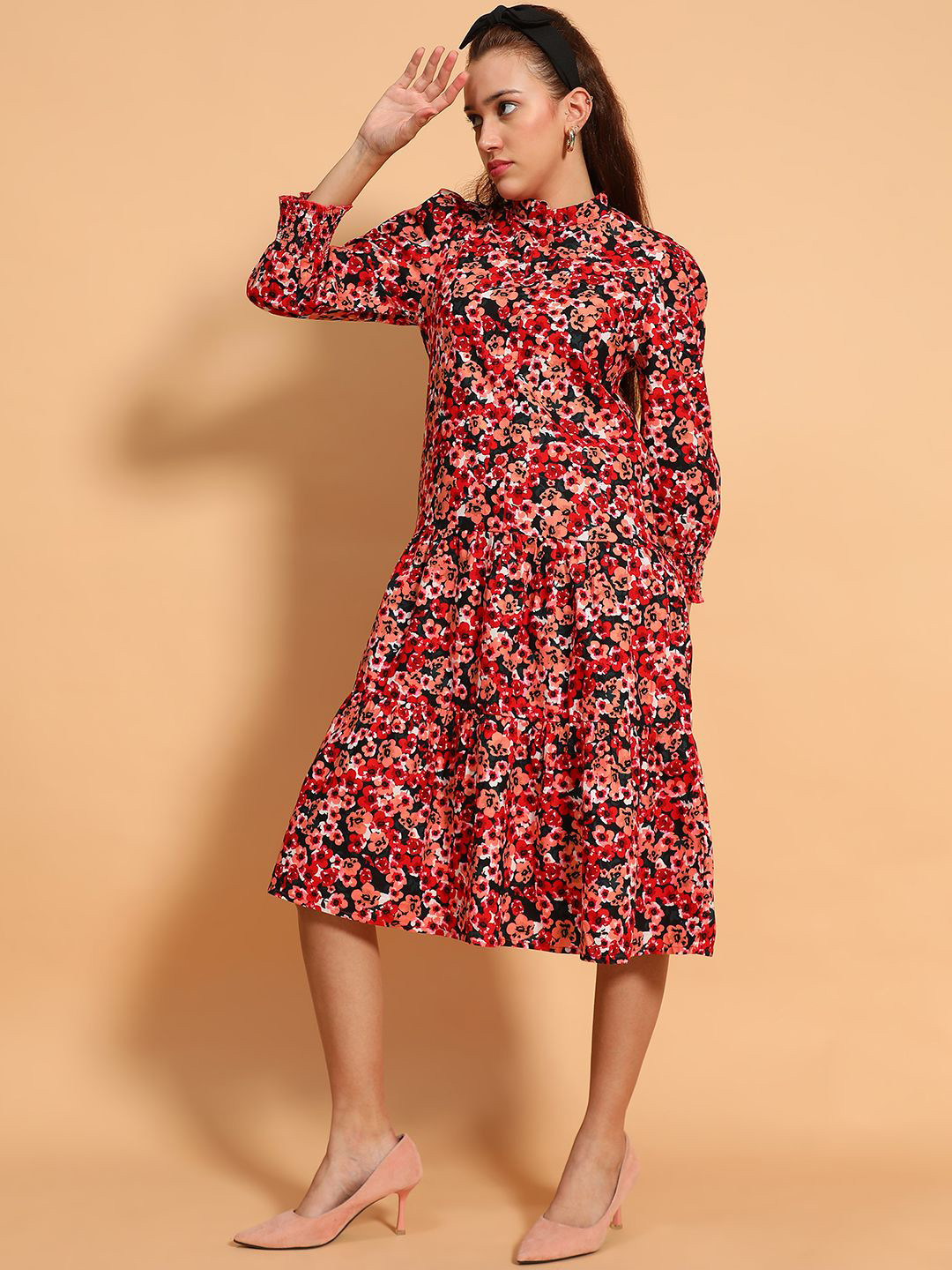 

Oxolloxo Women Floral Printed Ruffled Fit & Flare Cotton Knee Length Dress, Red