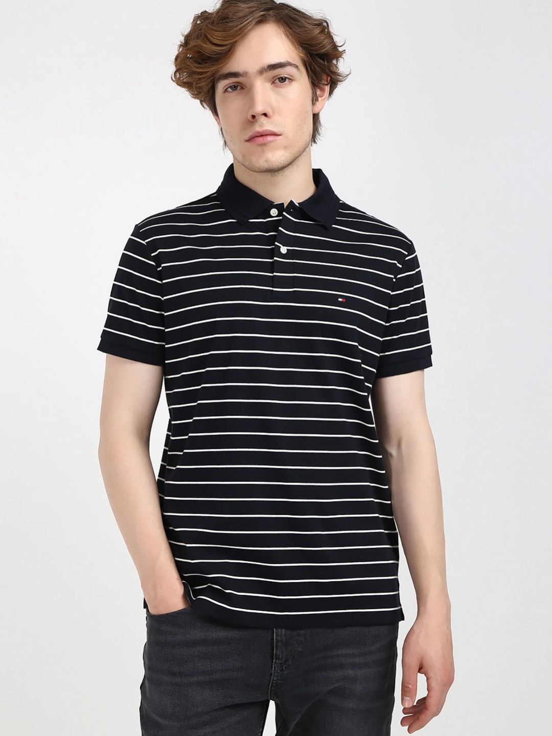 

Tommy Hilfiger Men Striped Polo Collar Cotton T-shirt, Black