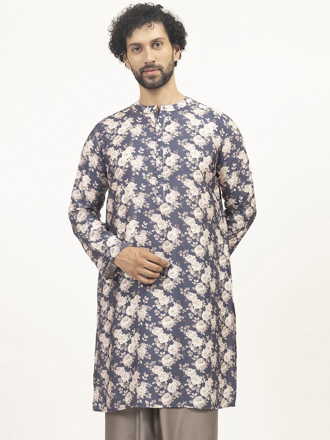 

LELA Floral Printed Band Collar Cotton Straight Kurta, Blue