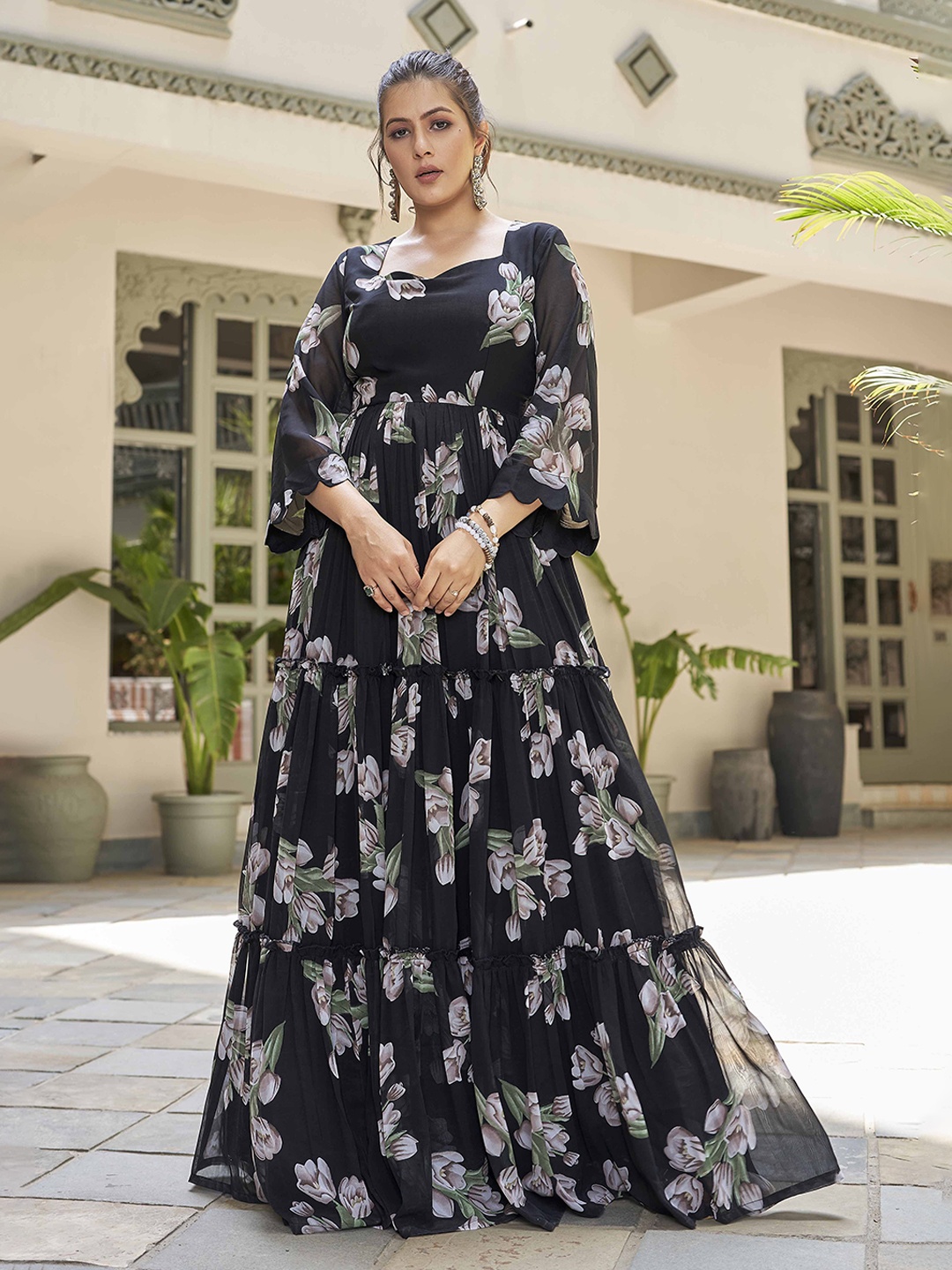 

Chandbaali Women Floral Print Bell Sleeve Georgette Maxi Dress, Black