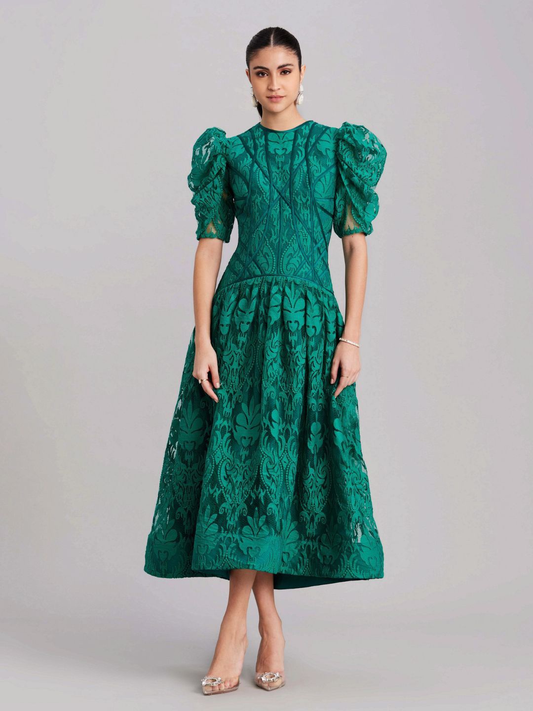 

ZABELLA Women Floral Self Design Fit & Flare Dress, Green