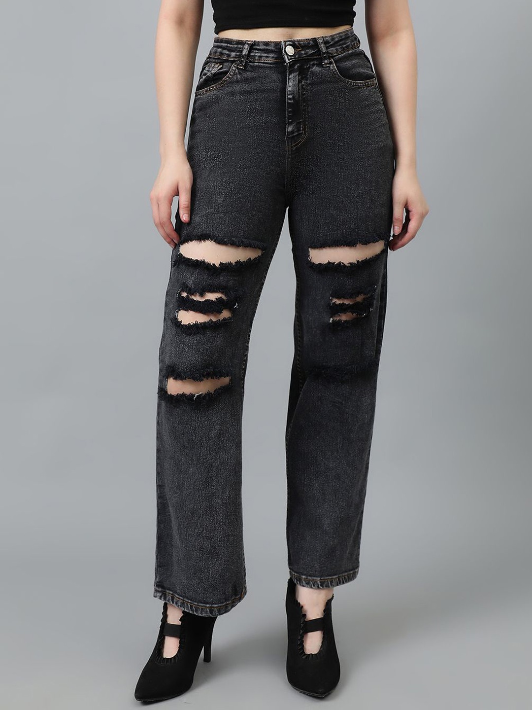 

Kotty Women Straight Fit High-Rise Highly Distressed Cotton Stretchable Jeans, Black