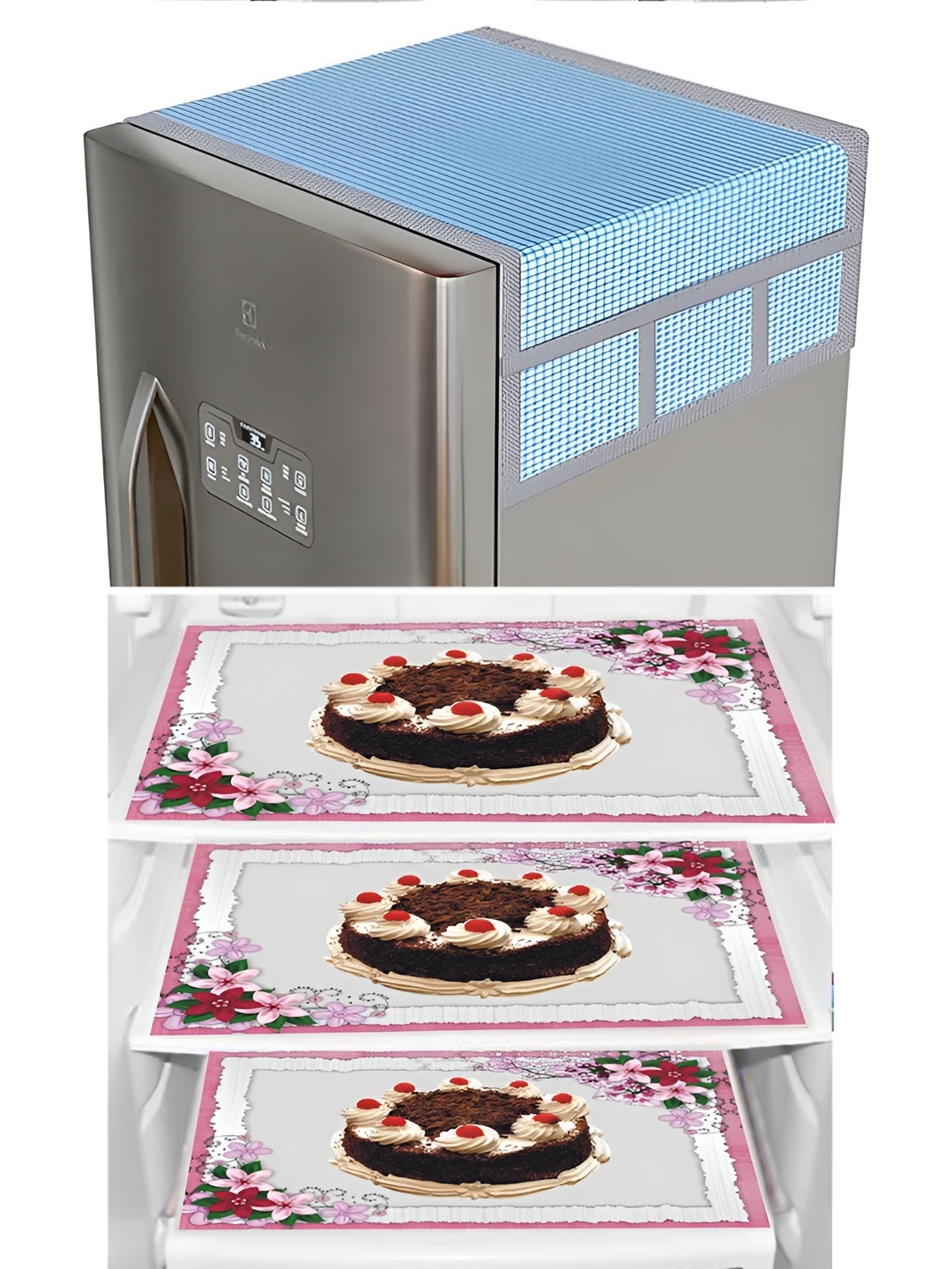 

LooMantha 4-Pcs Brown & Blue Printed Fridge Top Cover & Fridge Mats
