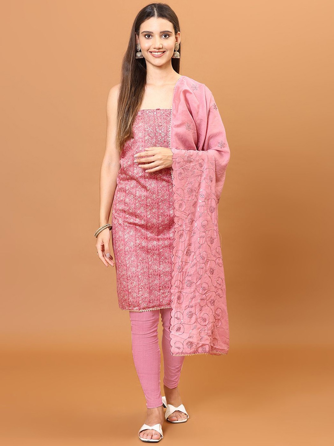 

Meena Bazaar Paisley Printed Sequinned Unstitched Dress Material, Pink