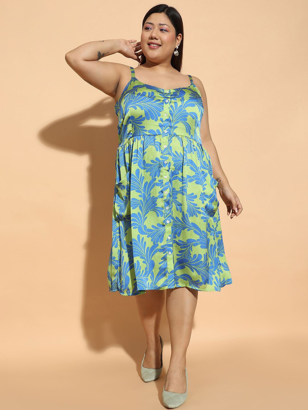 

Oxolloxo Women Floral Printed Satin Plus Size Fit & Flare Dress, Green
