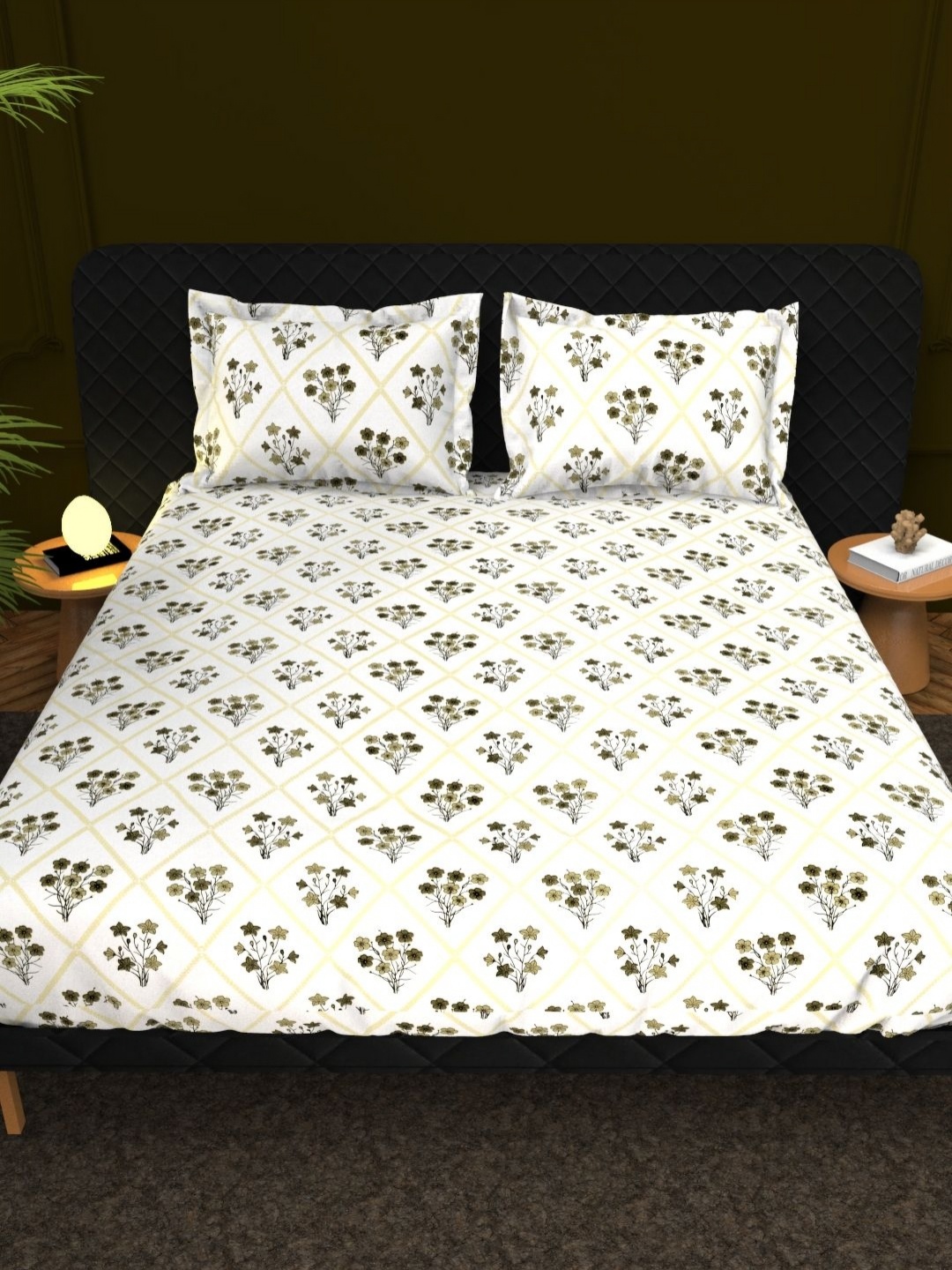 

THE WHITE MOSS White & Green Floral Cotton 210 TC King Bedsheet Set 2.75 m x 2.75 m