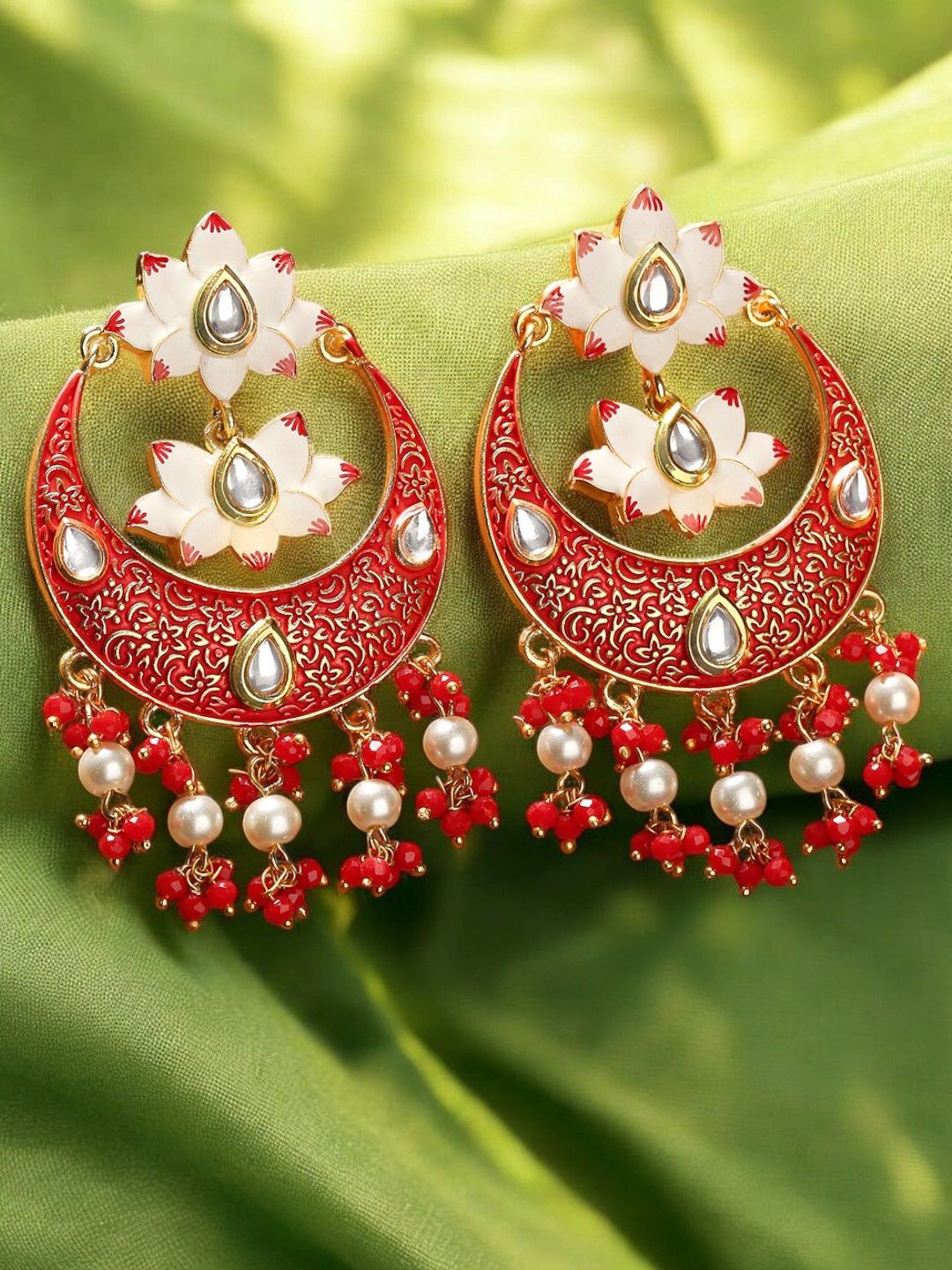 

OOMPH Floral Meenakari Kundan & Pearl Chandbalis, Red