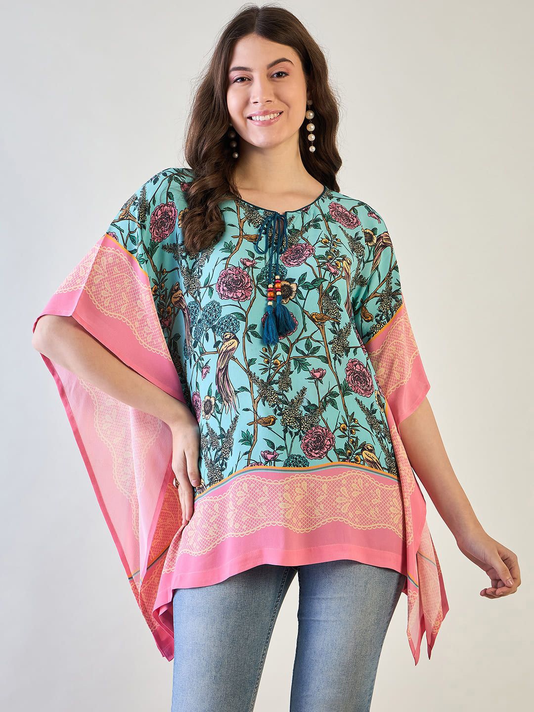 

The Kaftan Company Floral Printed Kimono Sleeves Kaftan Top, Blue