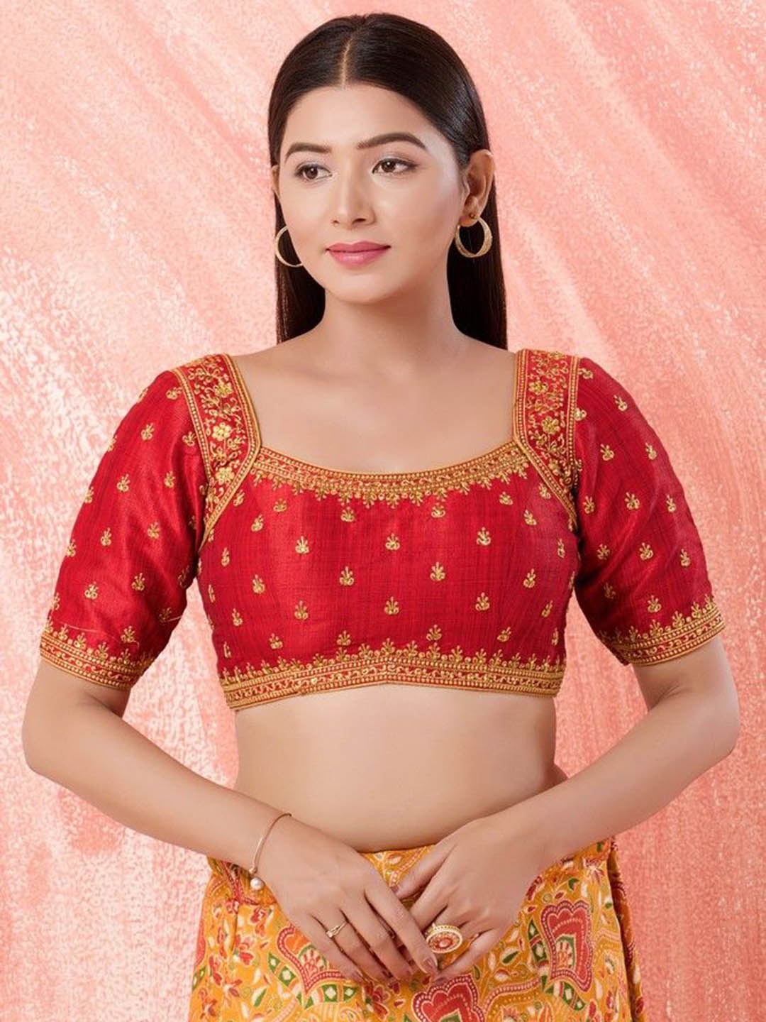 

Mmore Embroidered Padded Saree Blouse, Red