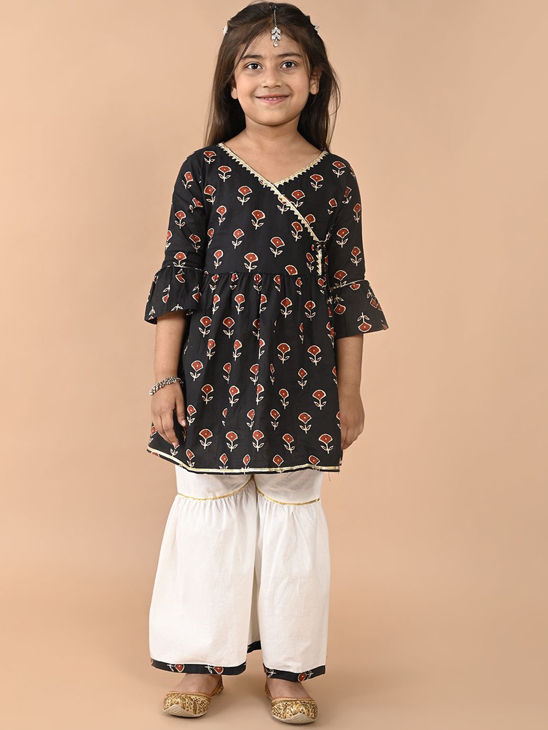 

BAESD Girls Floral Printed Gotta Patti Pure Cotton Kurta With Sharara, Black