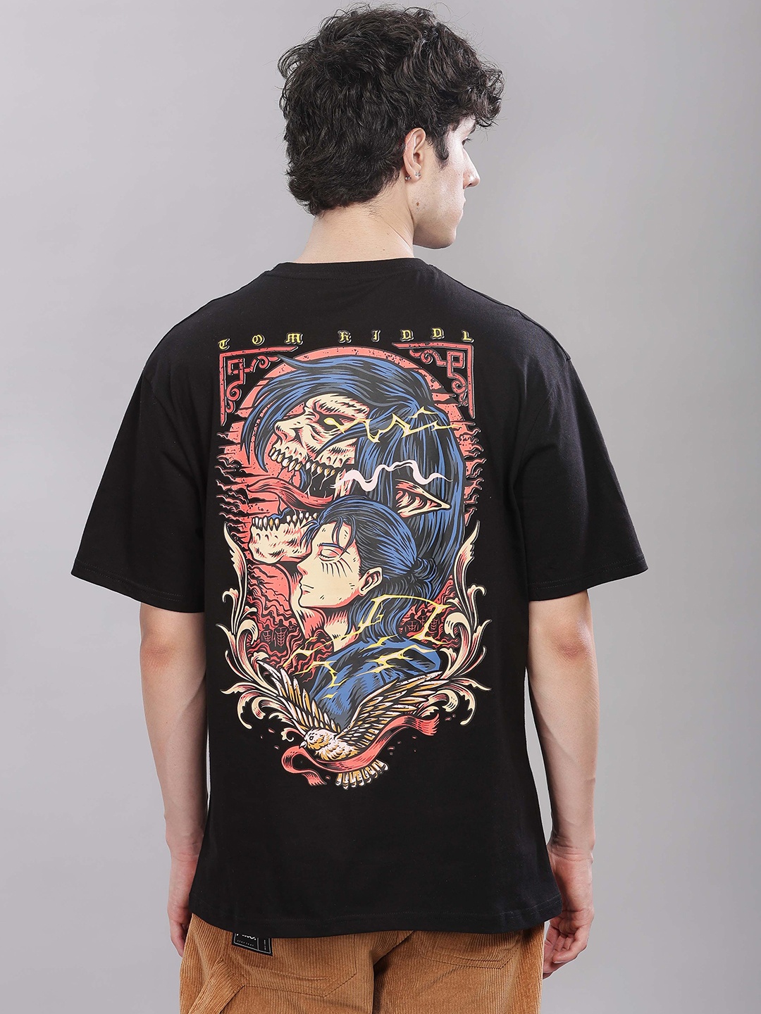 

TOMHIDDLE Anime Printed Round Neck Cotton Relaxed Fit T-shirt, Black