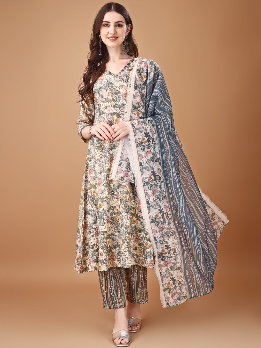 

KALINI Ethnic Motifs Printed Anarkali Kurta With Palazzos & Dupatta, Grey