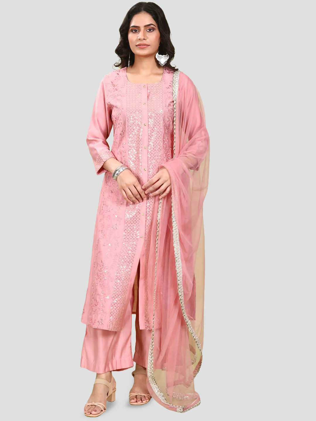 

COTTON CULTURE Floral Embroidered Thread Work Straight Kurta With Palazzos & Dupatta, Pink