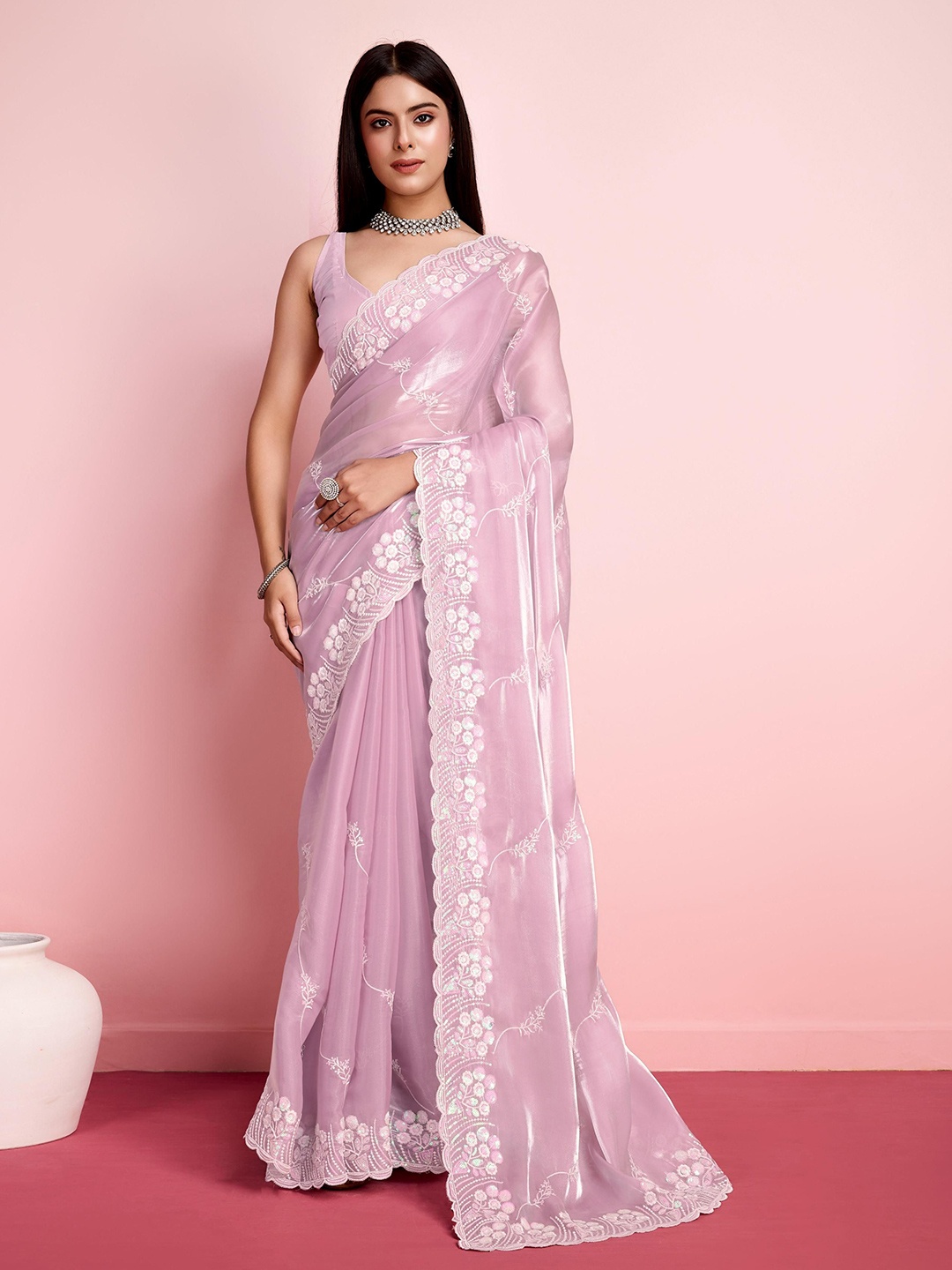 

VAIRAGEE Embellished Sequinned Ready to Wear Saree, Pink