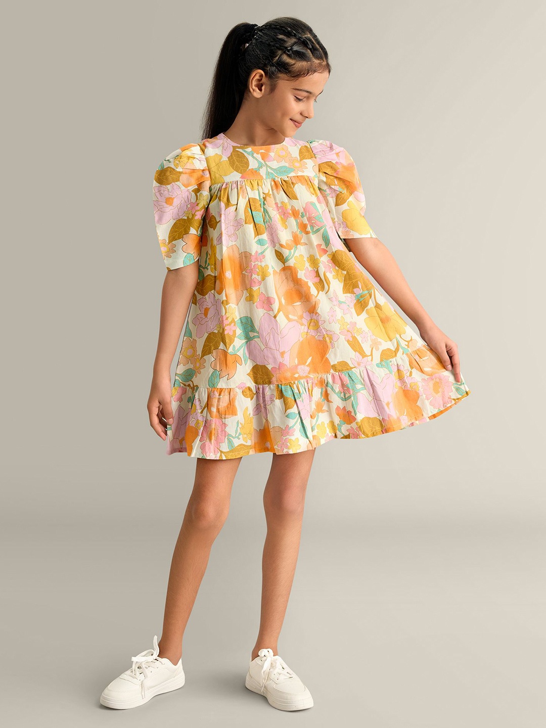 

My Milestones Girls Floral Print Puff Sleeve A-Line Dress, Off white