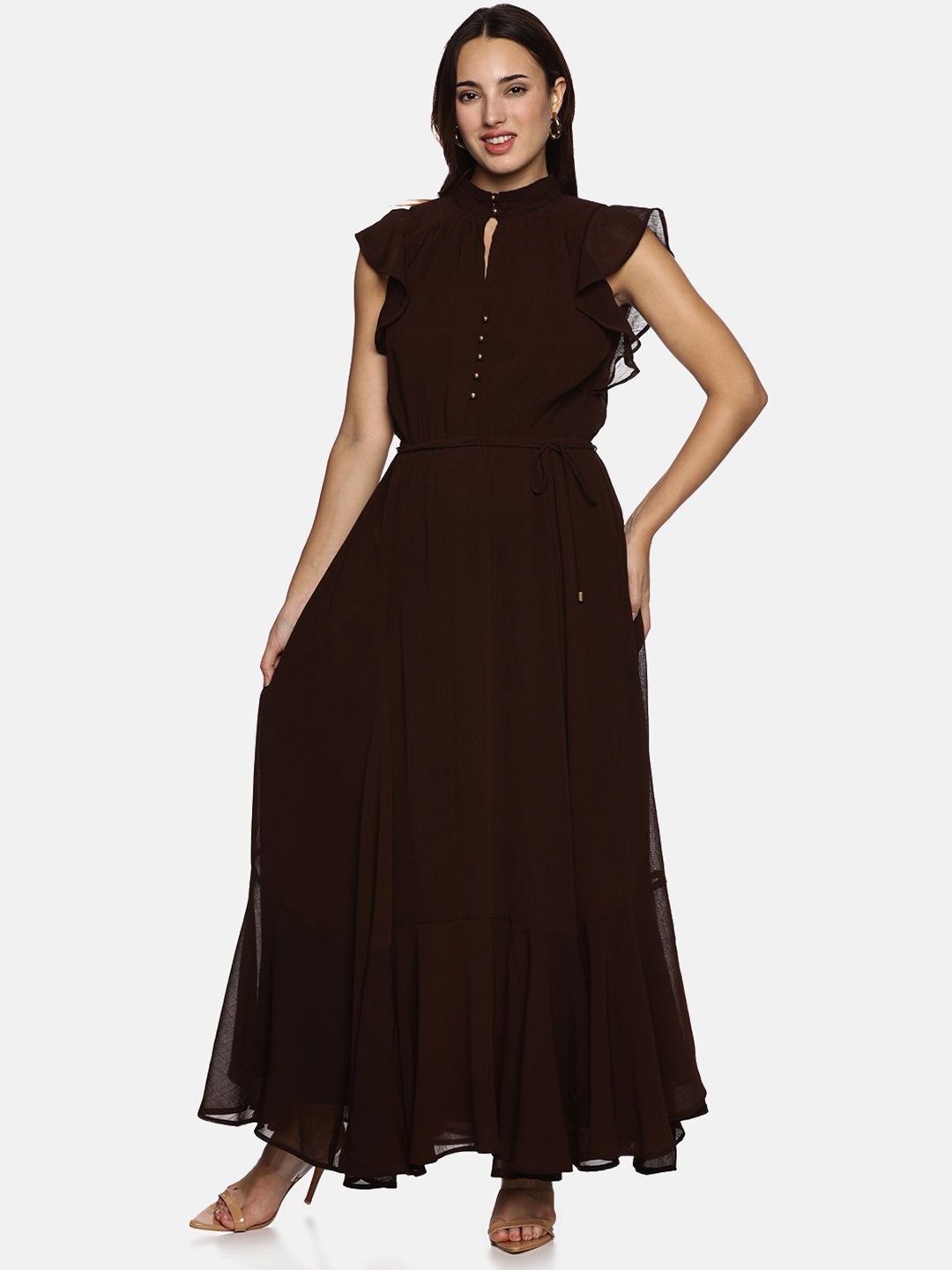 

ISU Solid Flutter Sleeve Mock Neck Chiffon Maxi Dress With Tie-Ups, Brown