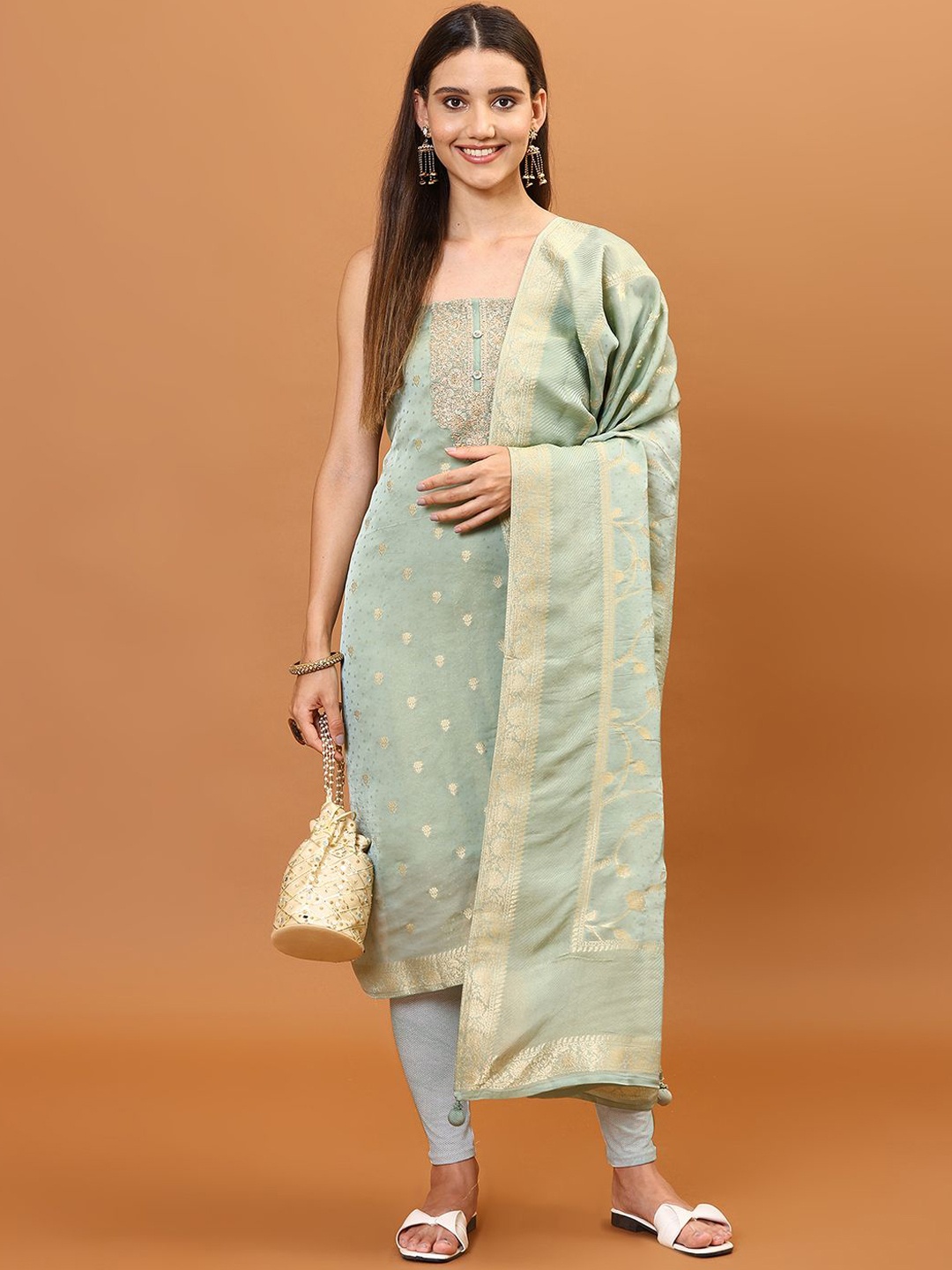 

Meena Bazaar Ethnic Motifs Embroidered Sequinned Tissue Unstitched Dress Material, Sea green