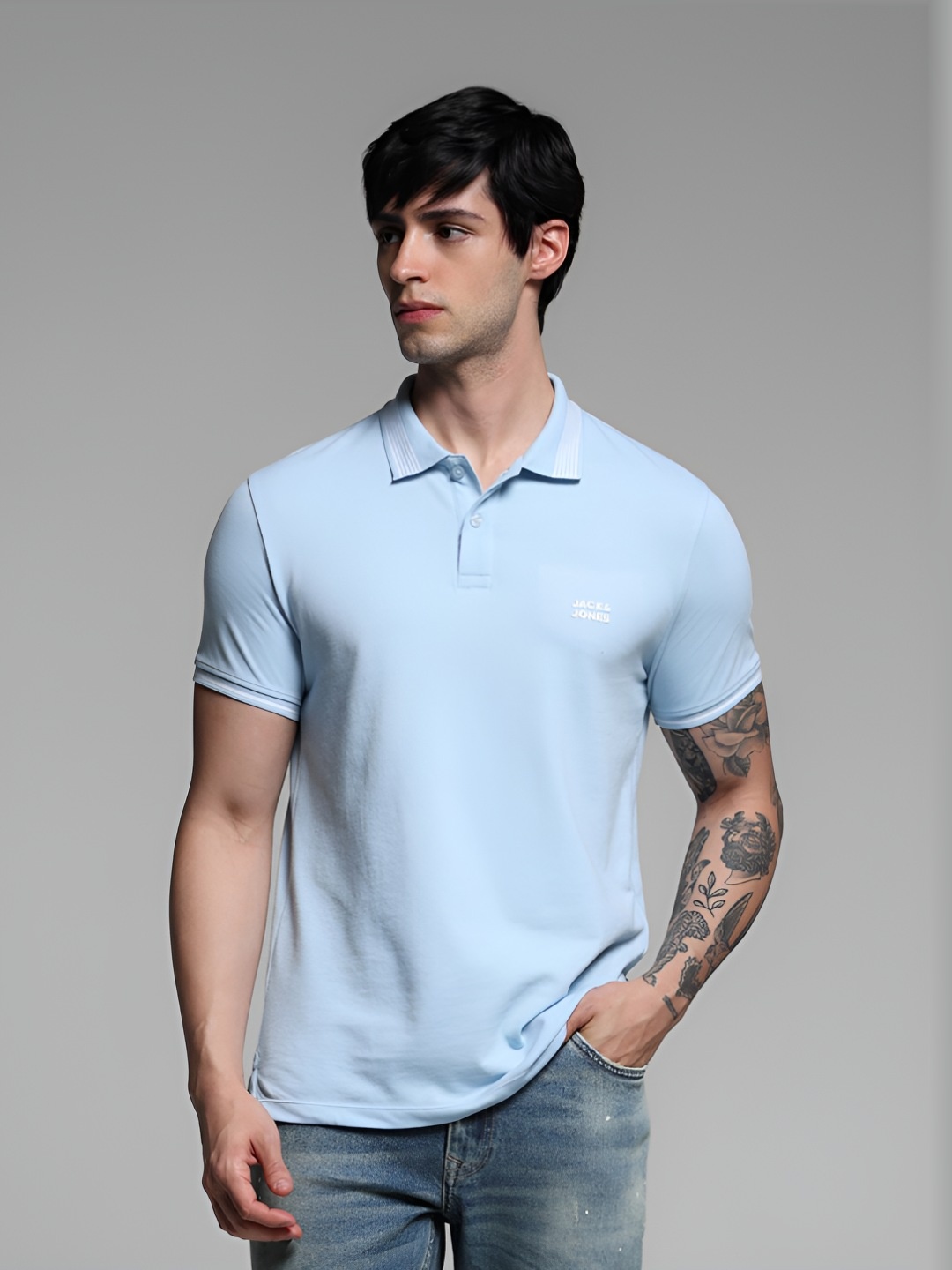 

Jack & Jones Men Solid Polo Collar Cotton Slim Fit T-shirt, Blue