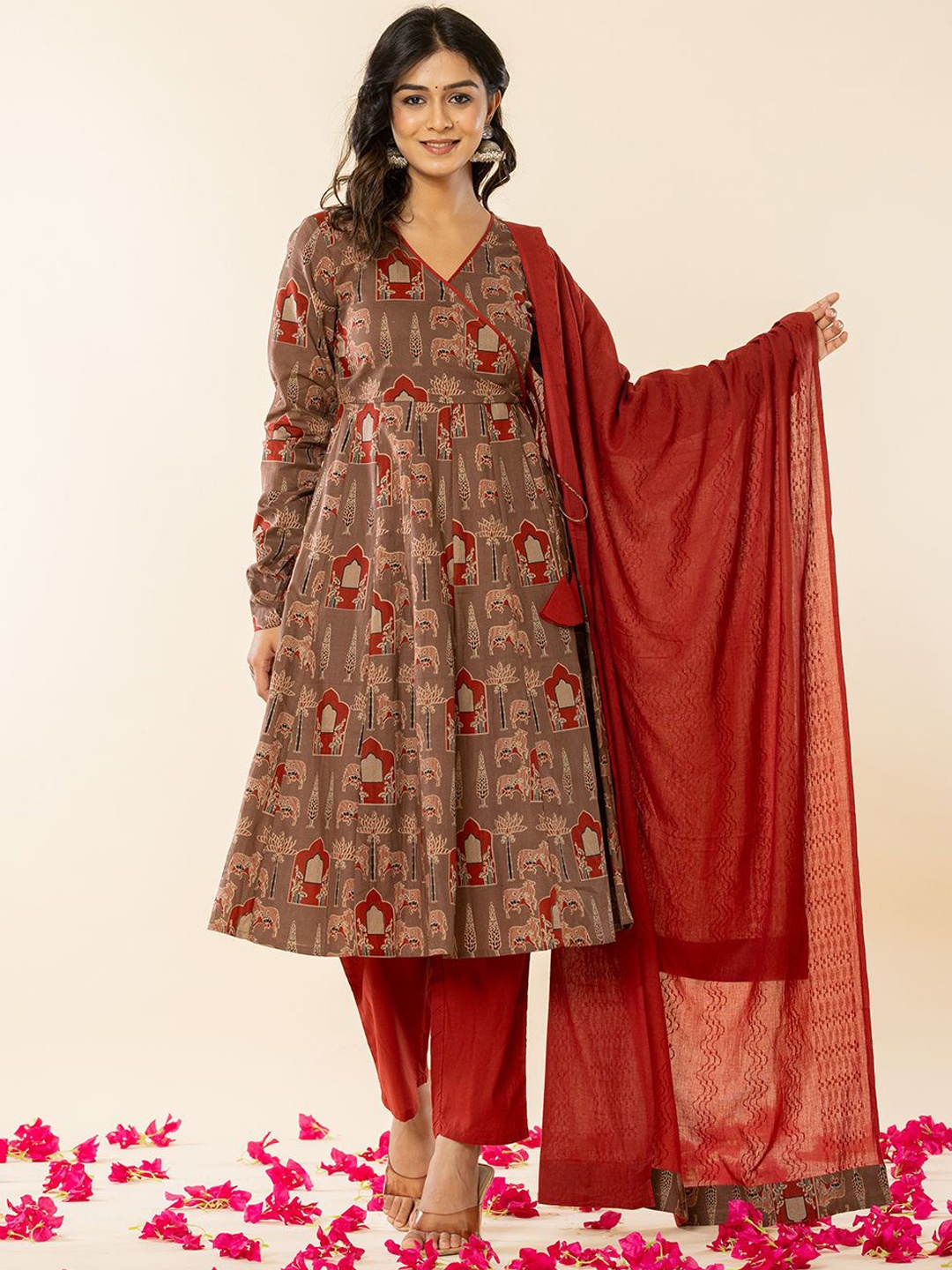 

Yufta Ethnic Motifs Printed Angrakha Pure Cotton Anarkali Kurta With Trouser With Dupatta, Brown