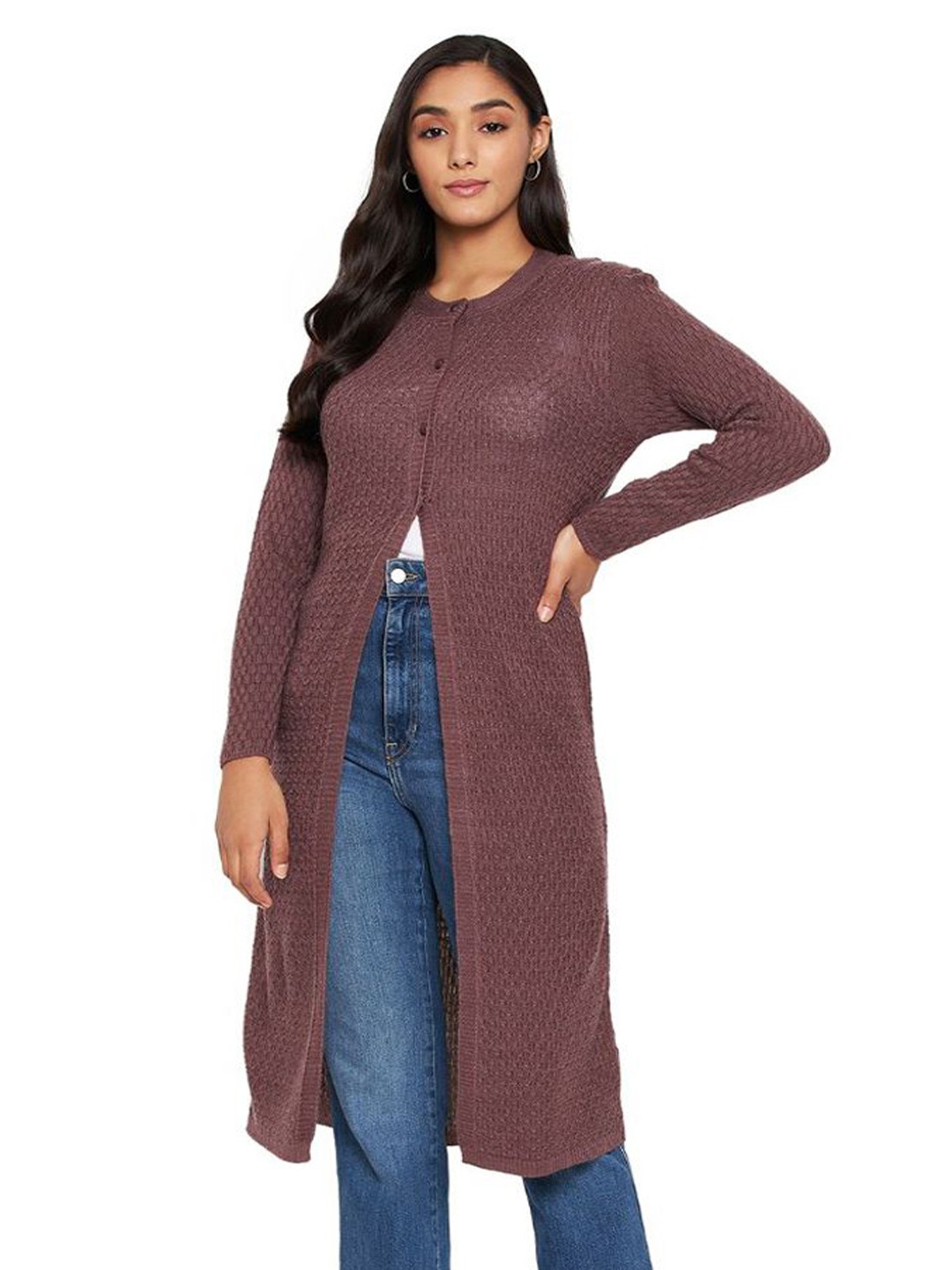 

CLAPTON Geometric Self Design Woolen Longline Cardigan, Brown