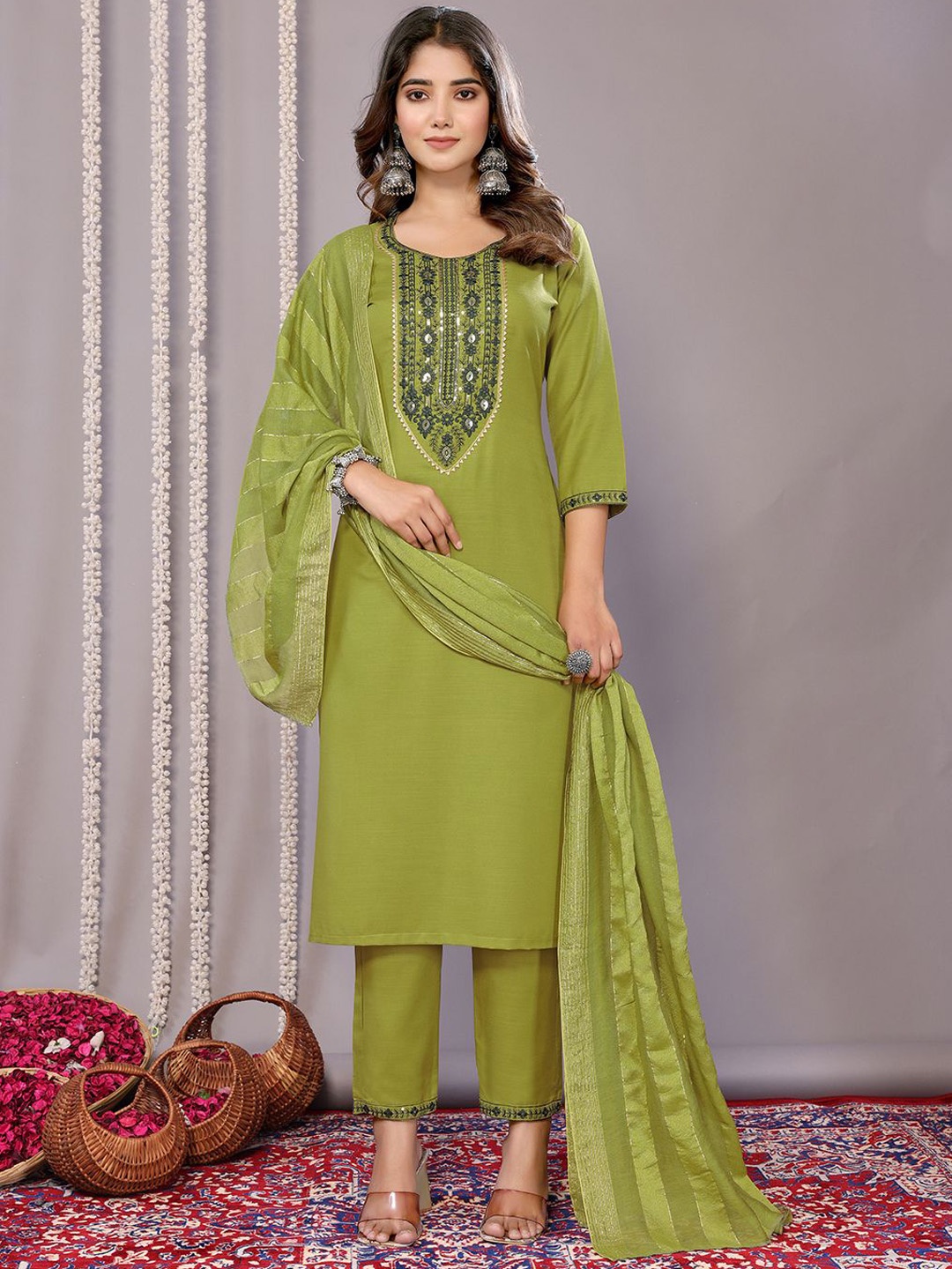 

Royal Export Yoke Design Thread Work Straight Kurta with Trousers & Dupatta, Green