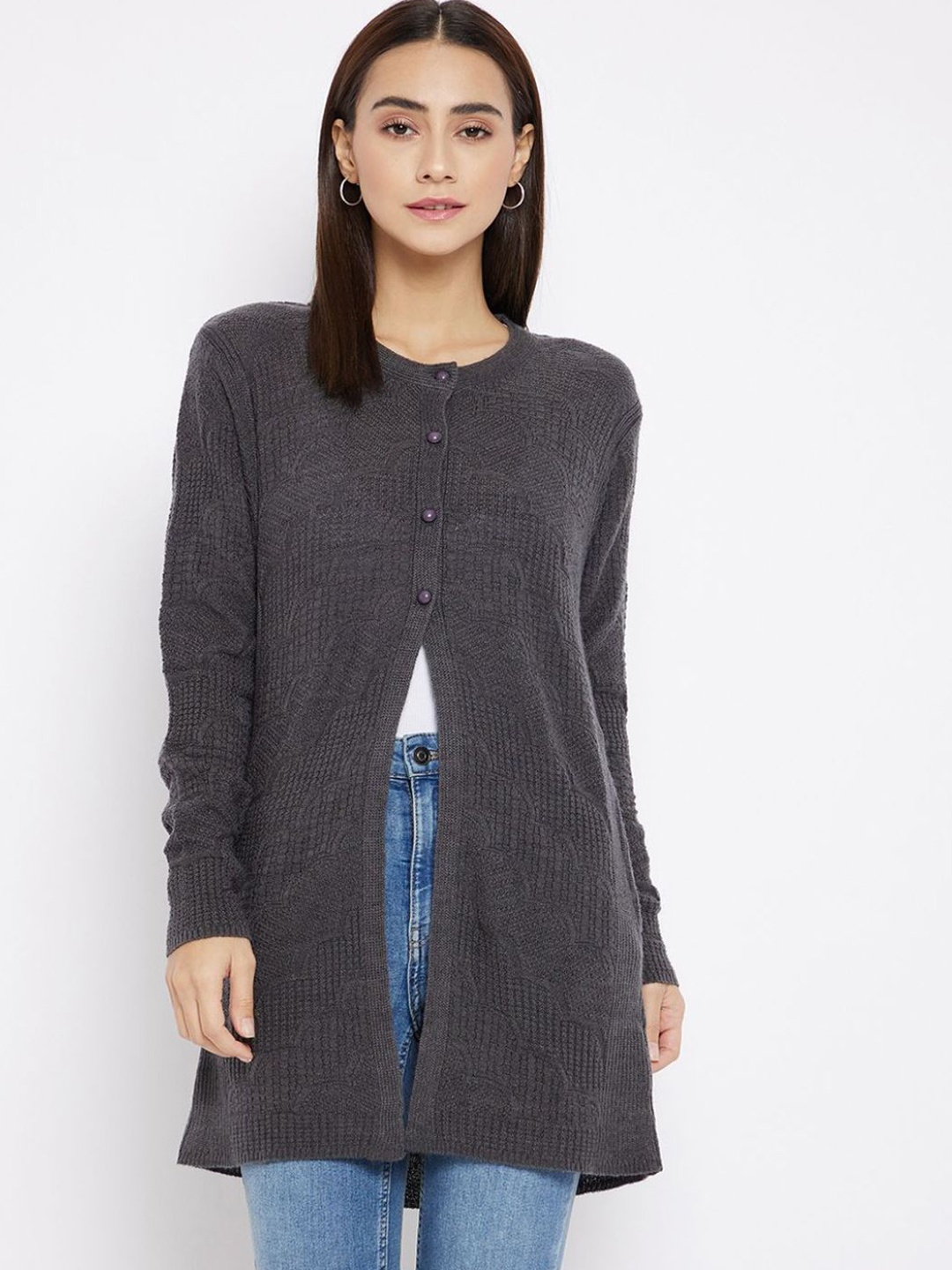 

CLAPTON Self Design Woollen Longline Cardigan, Grey